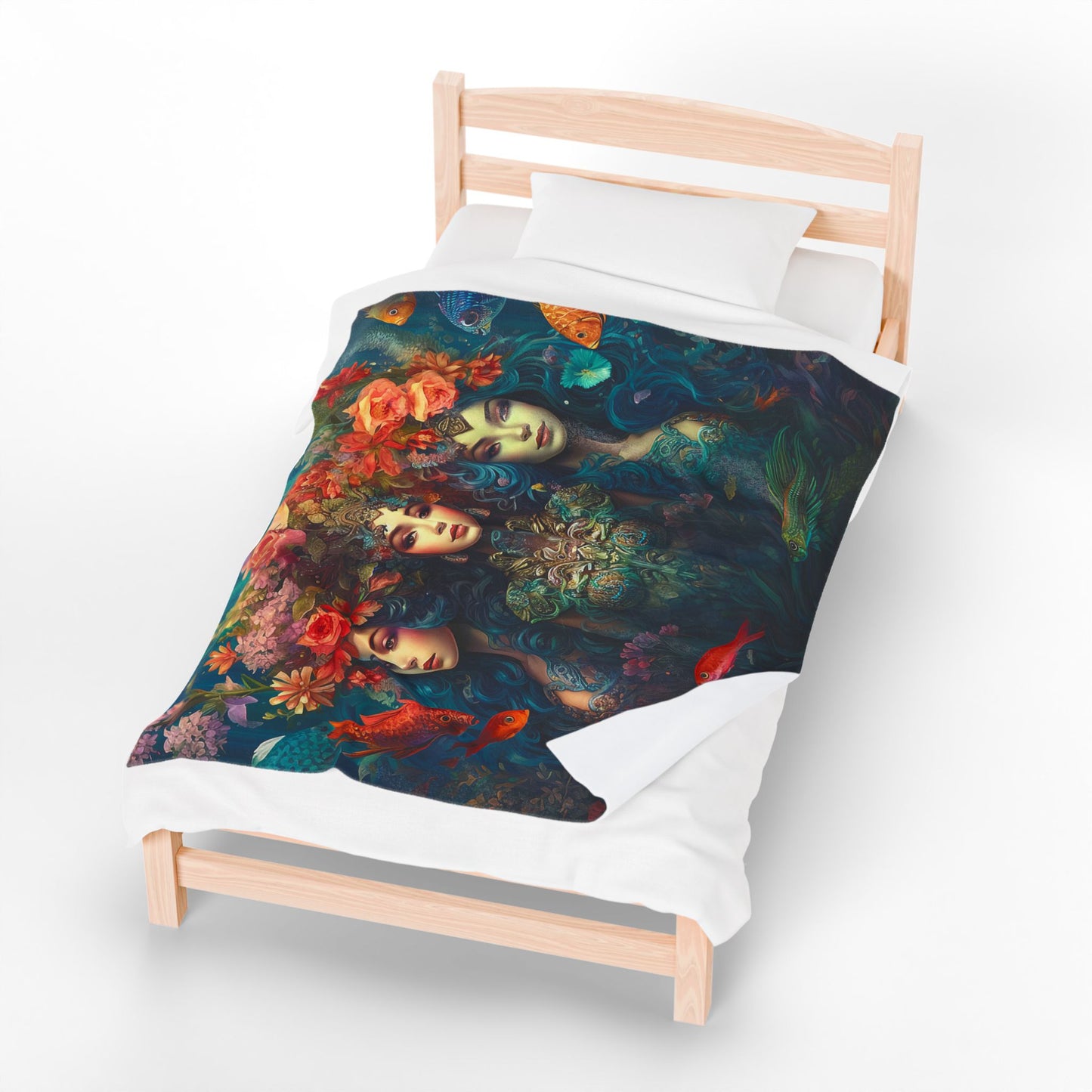 Trio of Water Goddesses Design on a Velveteen Plush Blanket, Size 50x60"