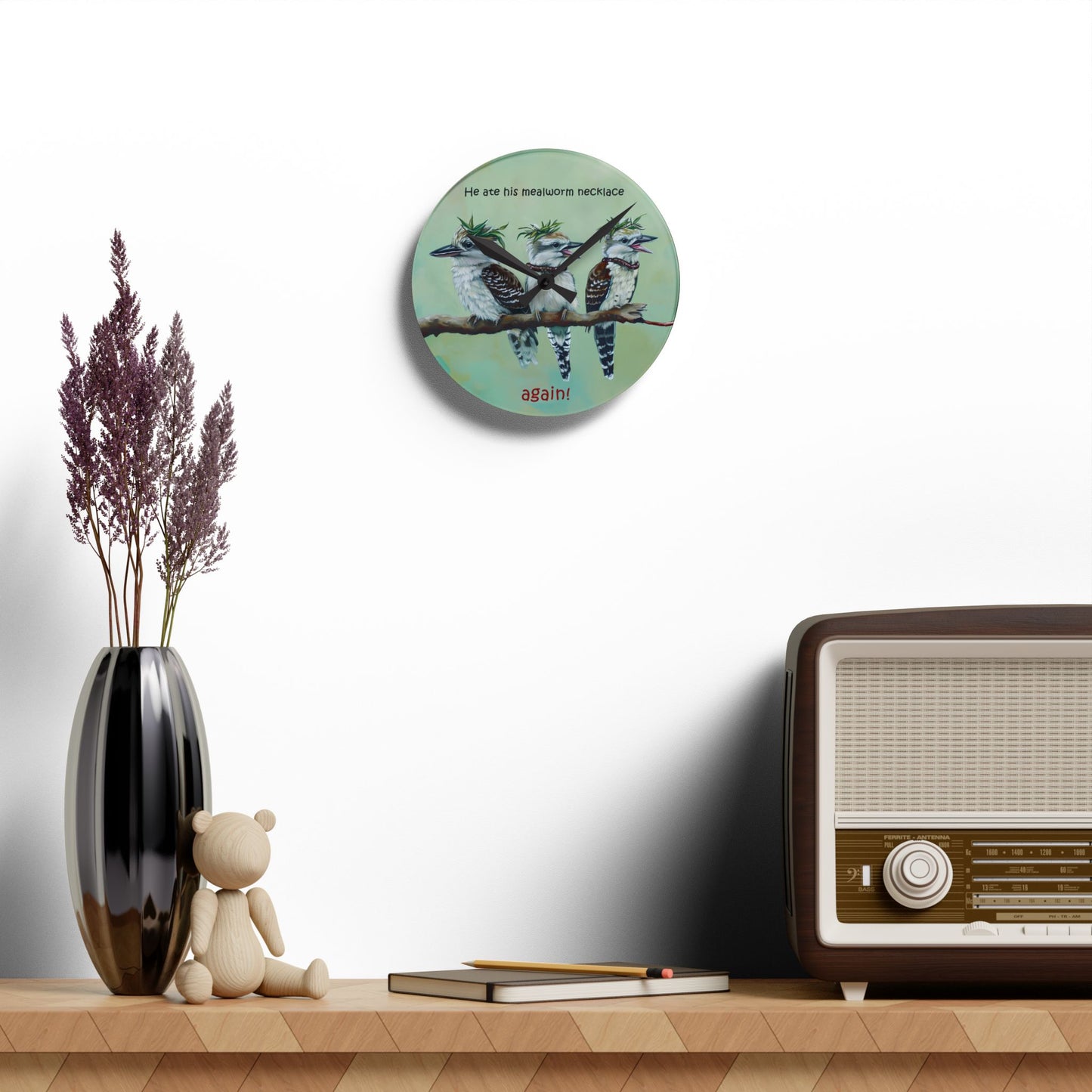 He Ate His Mealworm Necklace Again! Funny Kookaburra Acrylic Wall Clock, Unique Home Decor, Gift for Bird Lovers, Perfect for Bird Enthusiasts