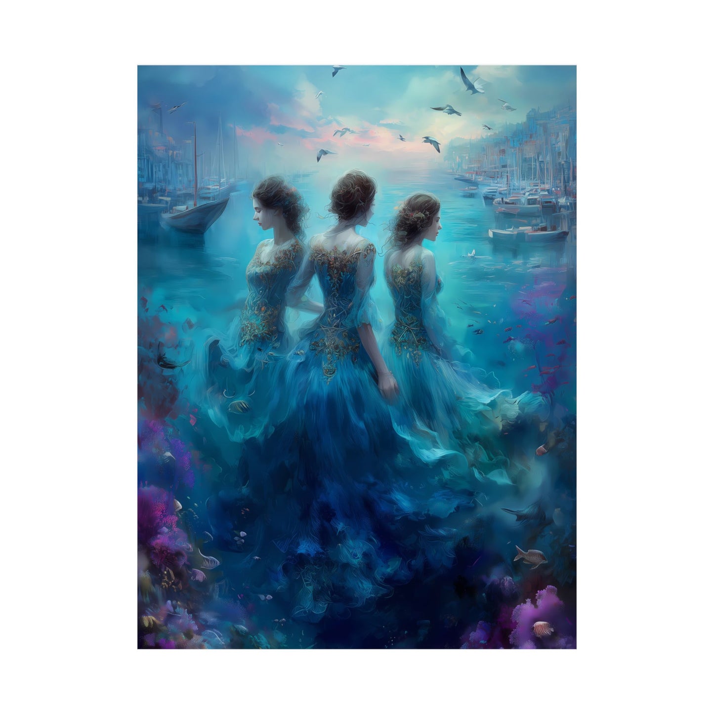 Dreamy Water Goddesses and Boats Vertical Poster, Wall Art for Home Decor, Mermaid Themed Art, Gift for Beach and Ocean Lovers
