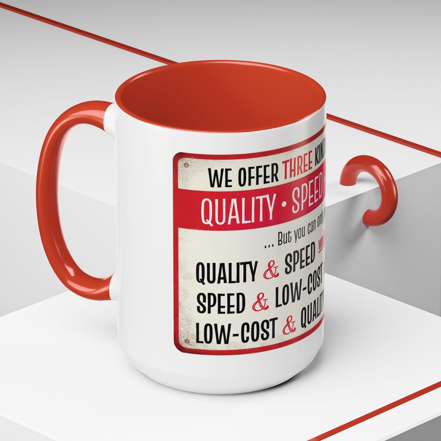 Funny Software Development Iron Triangle Tradeoff Mug | Quality, Speed, Low-Cost Coffee Cup