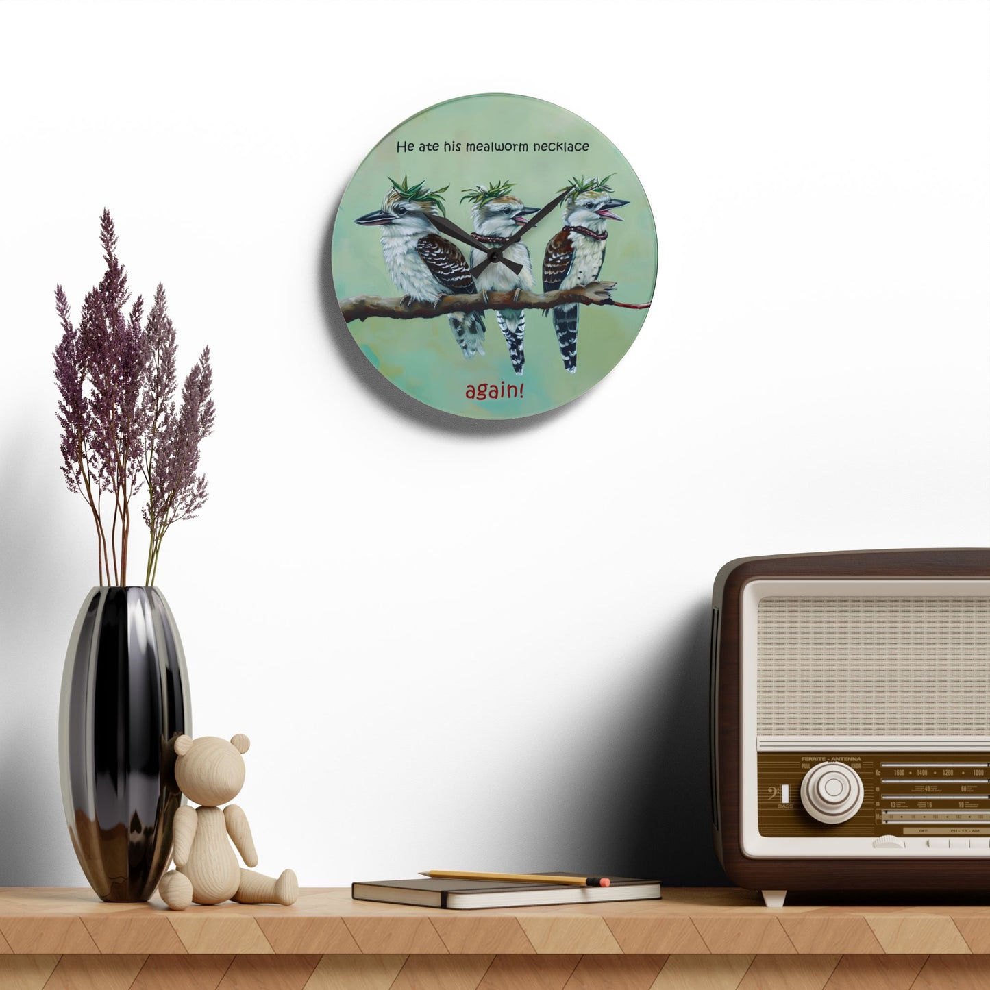 He Ate His Mealworm Necklace Again! Funny Kookaburra Acrylic Wall Clock, Unique Home Decor, Gift for Bird Lovers, Perfect for Bird Enthusiasts