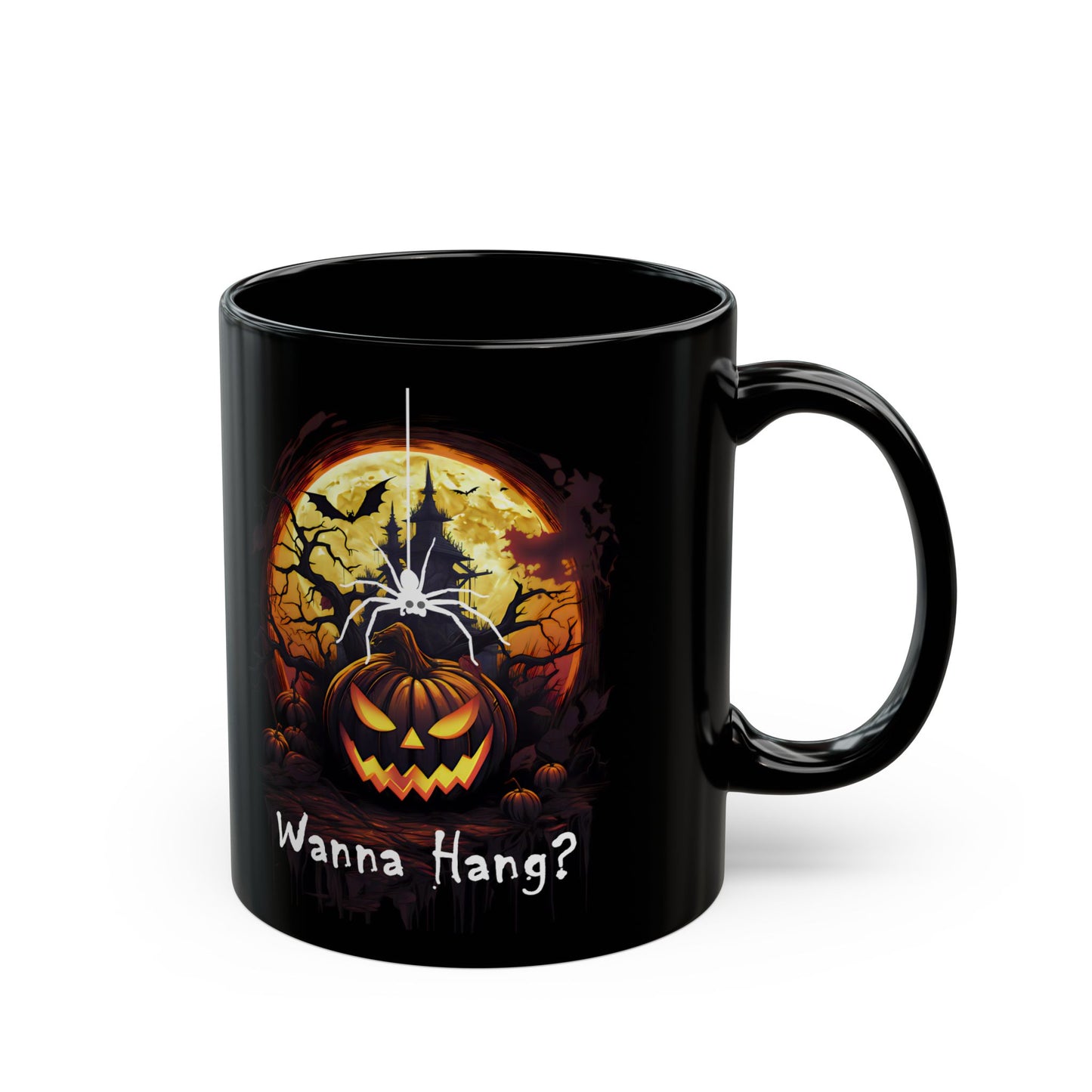 Spooky Halloween Mug - "Wanna Hang?" Spider Black Coffee Cup for Fall Celebrations, Gift, Party Decor, Halloween Lovers
