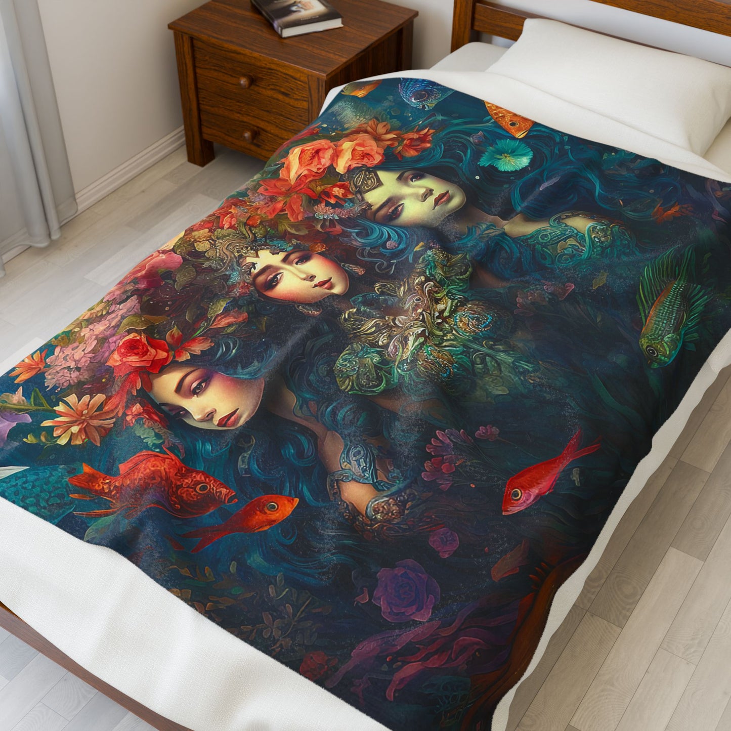 Trio of Water Goddesses Design on a Velveteen Plush Blanket, Size 50x60"