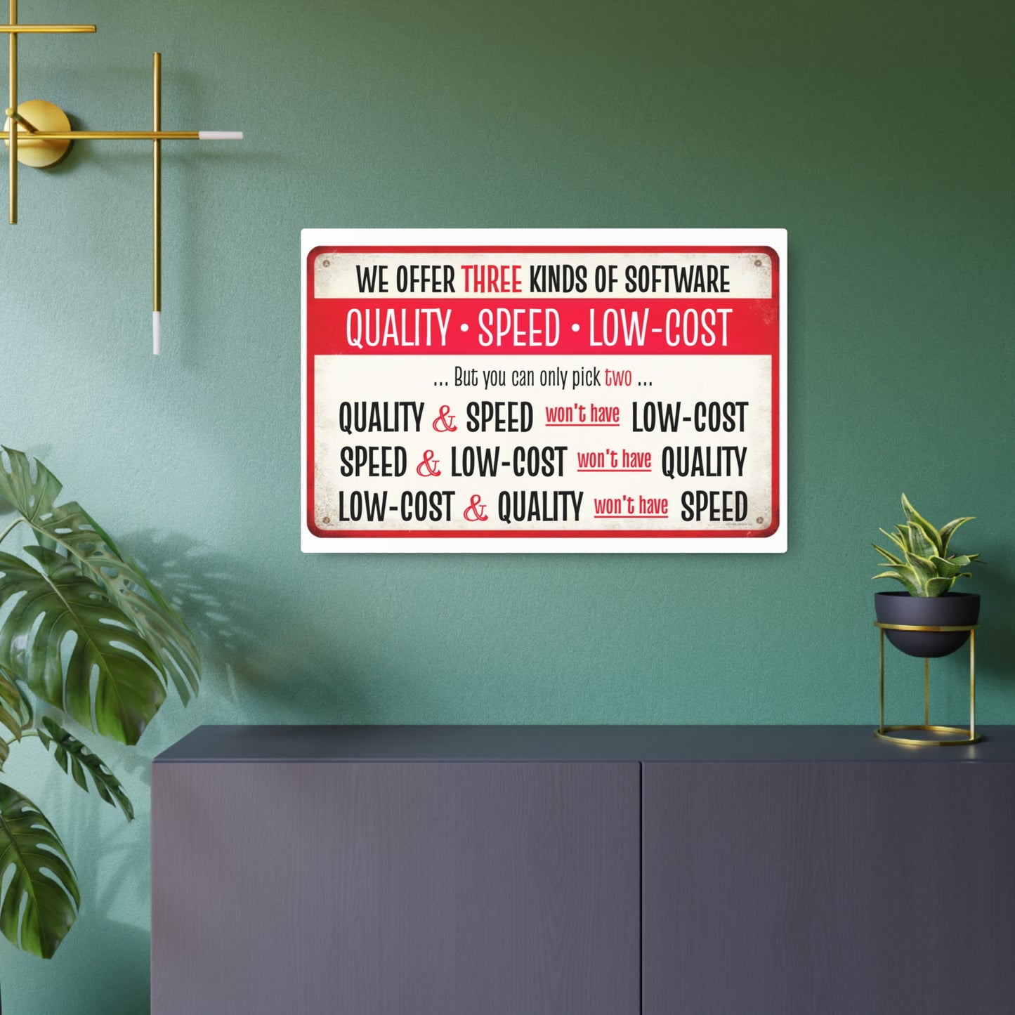 Metal Sign, Software Development Iron Triangle | Quality, Speed, Low-Cost Funny Wall Art 30x20"