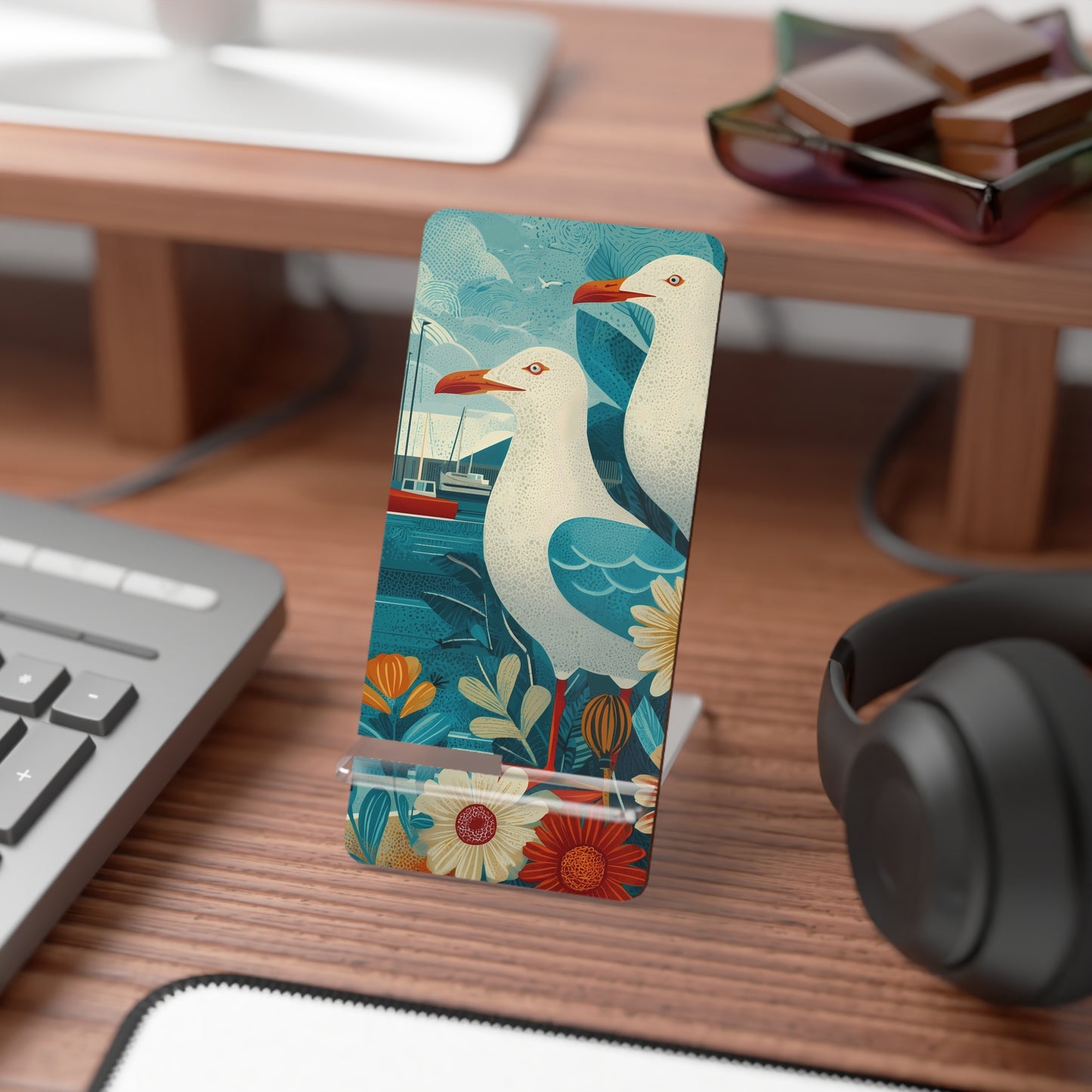 Flower & Bird Mobile Phone Stand, Coastal Decor, Smartphone Holder, Unique Gift for Bird Lovers, Desk Accessory, Ocean Theme