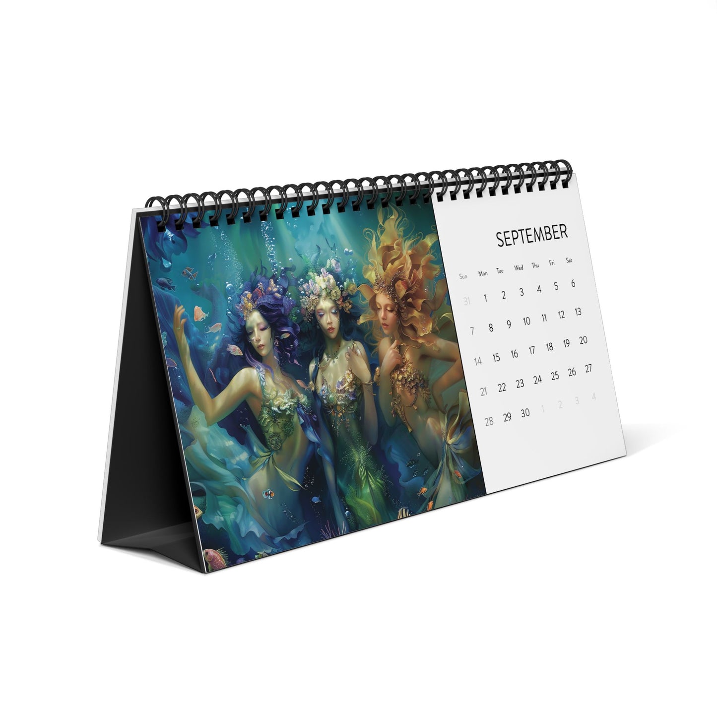 2025 Mermaid Desktop Calendar with Spiral Binding, Dreamy Water Goddesses, Mermaidcore, Fairycore, Beautiful Underwater Fantasy Gift for Her