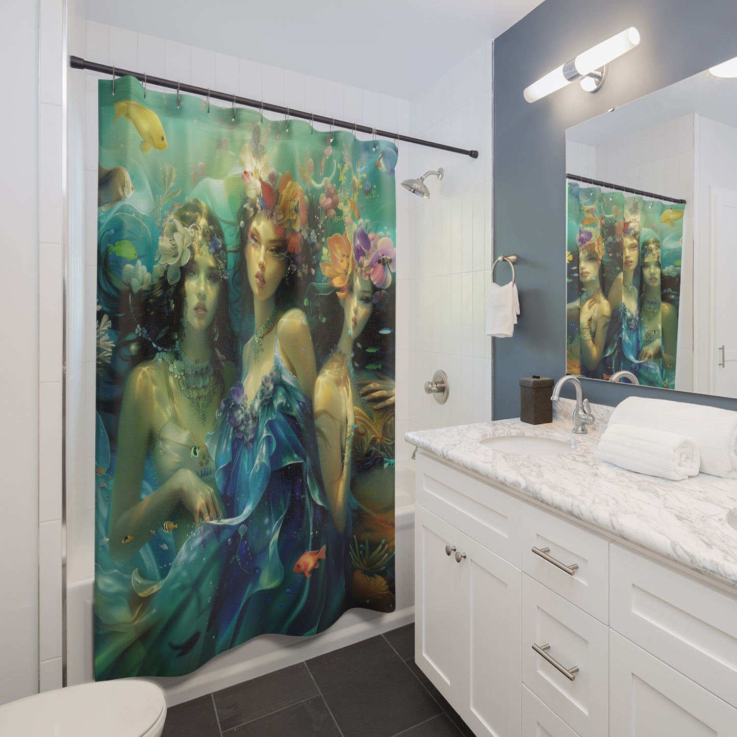 Mystical Mermaid Shower Curtain, Bohemian Home Decor, Bathroom Art, Ocean Theme, Nature Vibes, Gift for Water Lovers, Floral Design
