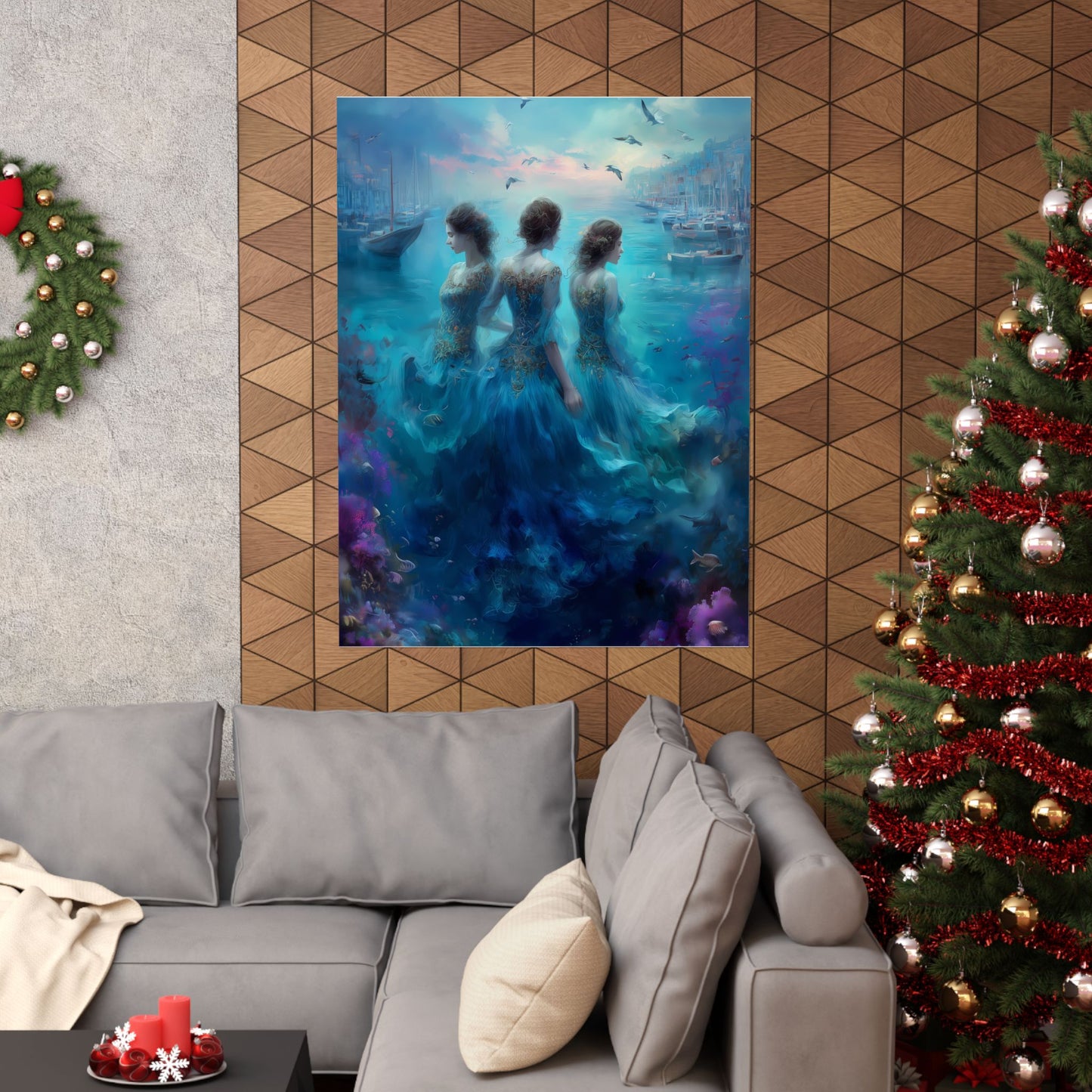 Dreamy Water Goddesses and Boats Vertical Poster, Wall Art for Home Decor, Mermaid Themed Art, Gift for Beach and Ocean Lovers