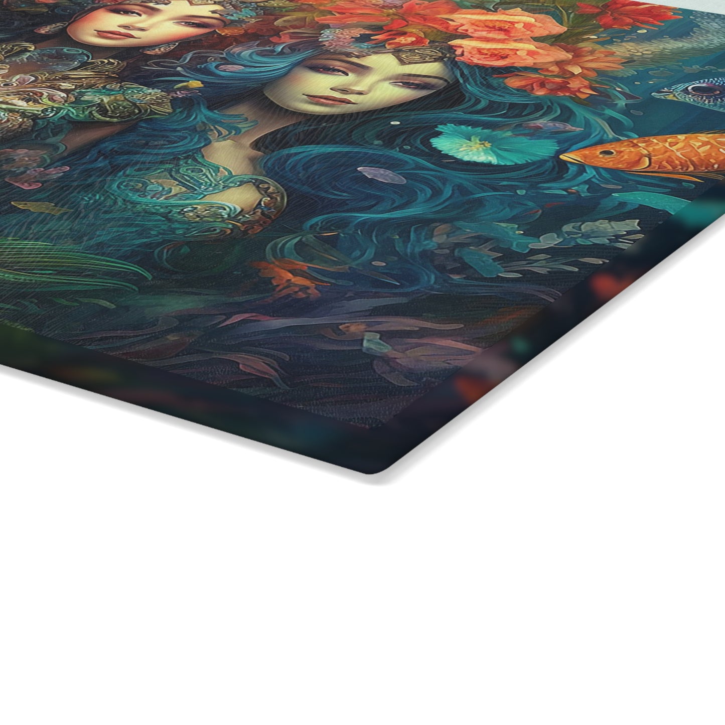 Trio of Water Goddesses Mermaidcore, Fairycore Mermaid Glass Cutting Board (2 sizes)