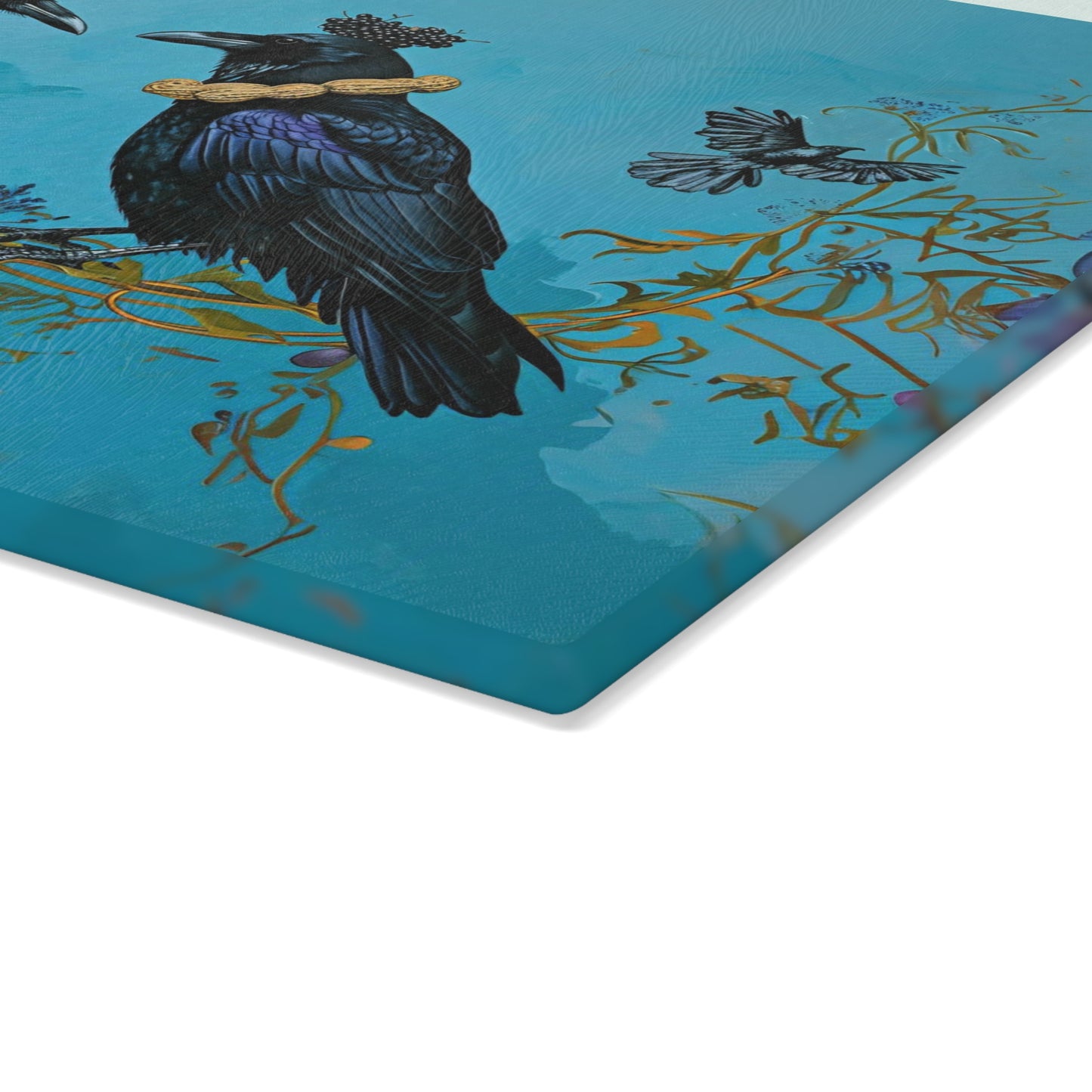 Crow and Raven Wearing Peanut Necklaces and a Blackberry Hat Glass Cutting Board