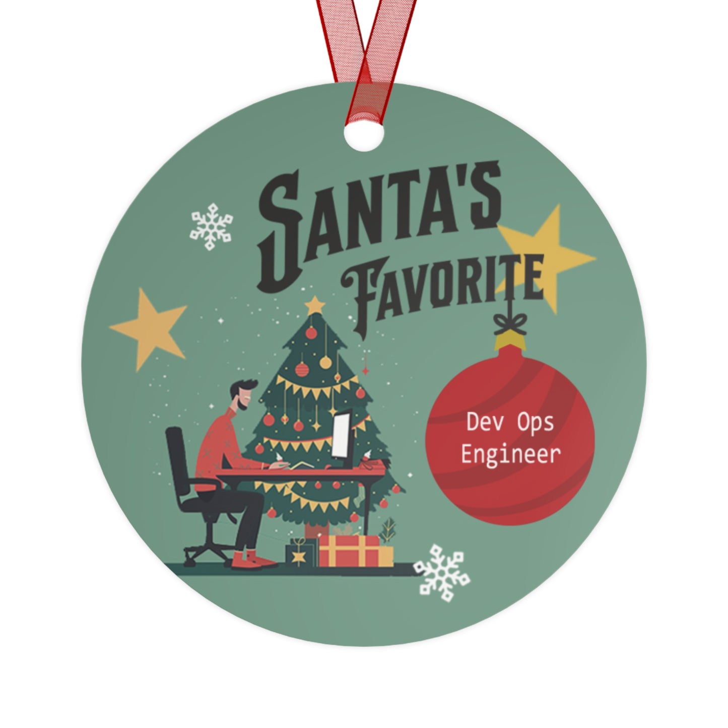 Santa's Favorite Dev Ops Engineer IT Tech Ornament Christmas Holiday 3.5" Round Metal Ornament with Ribbon
