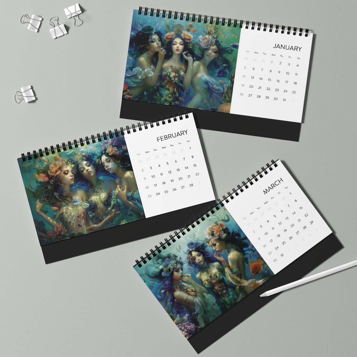 2025 Mermaid Desktop Calendar with Spiral Binding, Dreamy Water Goddesses, Mermaidcore, Fairycore, Beautiful Underwater Fantasy Gift for Her