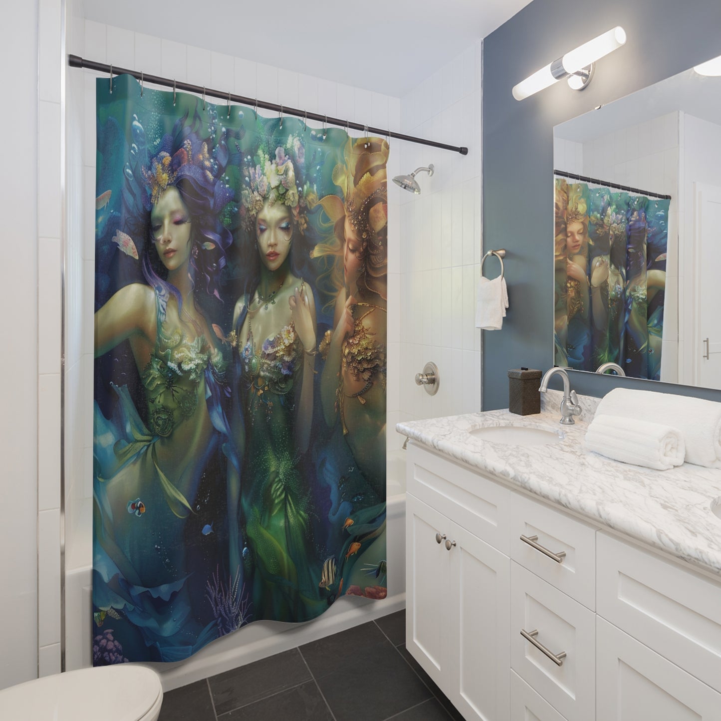 Mystical Water Goddesses Shower Curtain, Bathroom Art, Home Decor, Sea Witch Theme, Ethereal Gift for Mermaid Lovers, Goddess Art