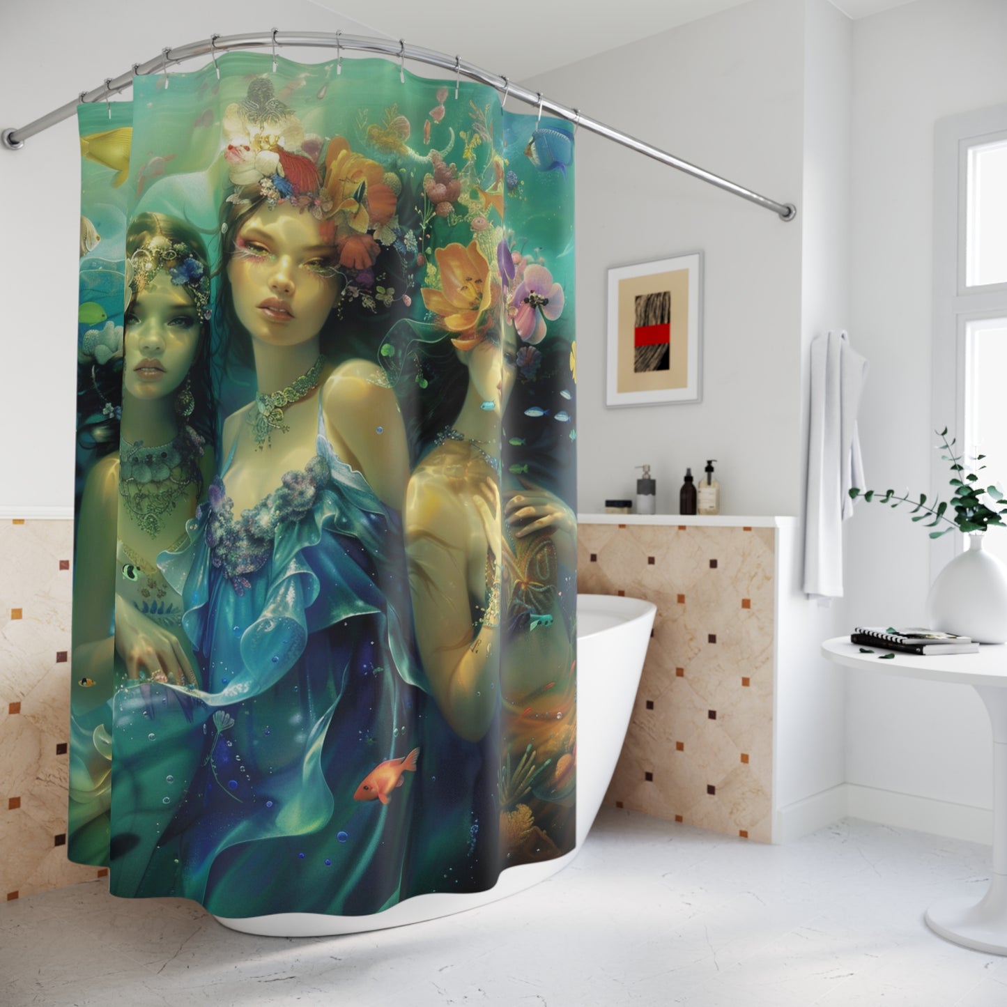 Mystical Mermaid Shower Curtain, Bohemian Home Decor, Bathroom Art, Ocean Theme, Nature Vibes, Gift for Water Lovers, Floral Design