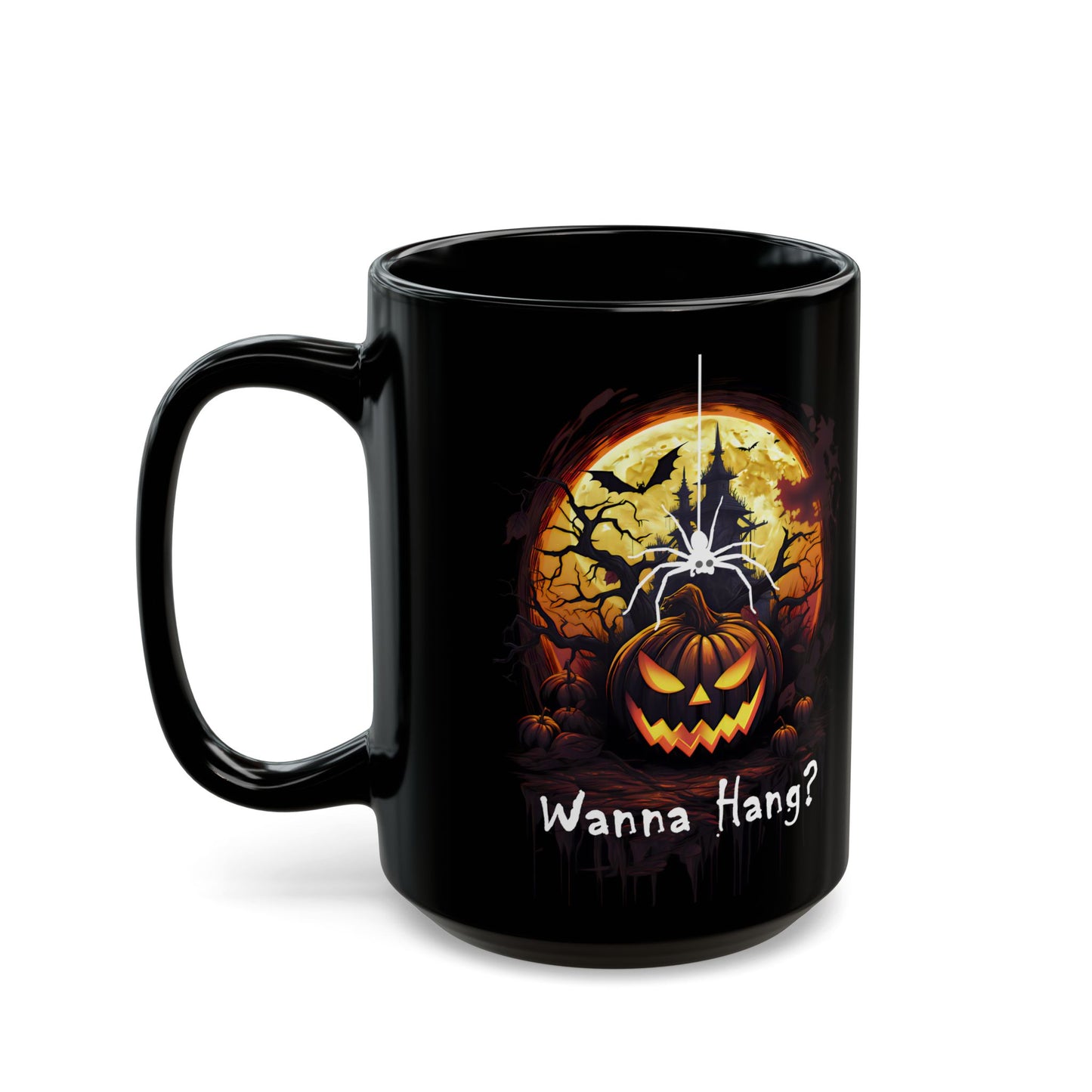 Spooky Halloween Mug - "Wanna Hang?" Spider Black Coffee Cup for Fall Celebrations, Gift, Party Decor, Halloween Lovers