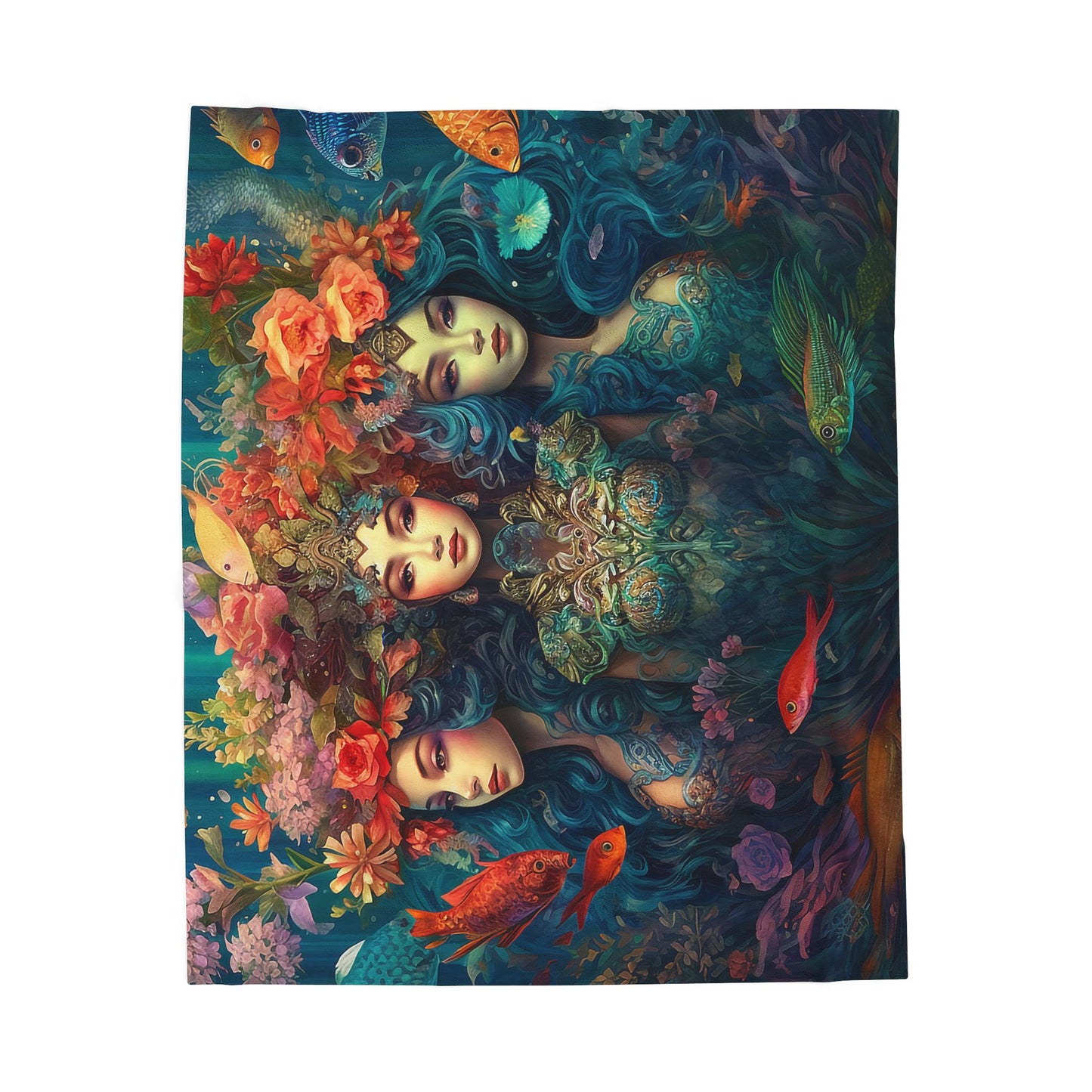 Trio of Water Goddesses Design on a Velveteen Plush Blanket, Size 50x60"