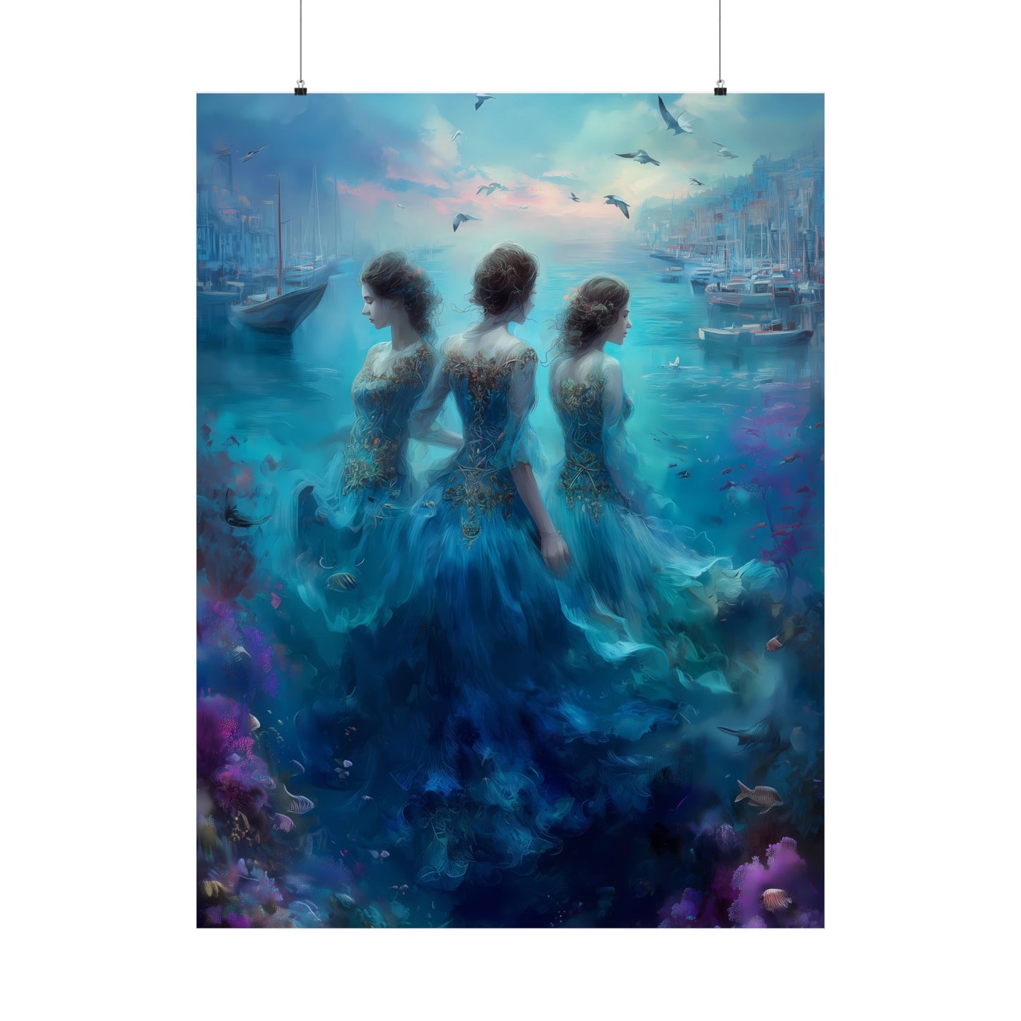 Dreamy Water Goddesses and Boats Vertical Poster, Wall Art for Home Decor, Mermaid Themed Art, Gift for Beach and Ocean Lovers