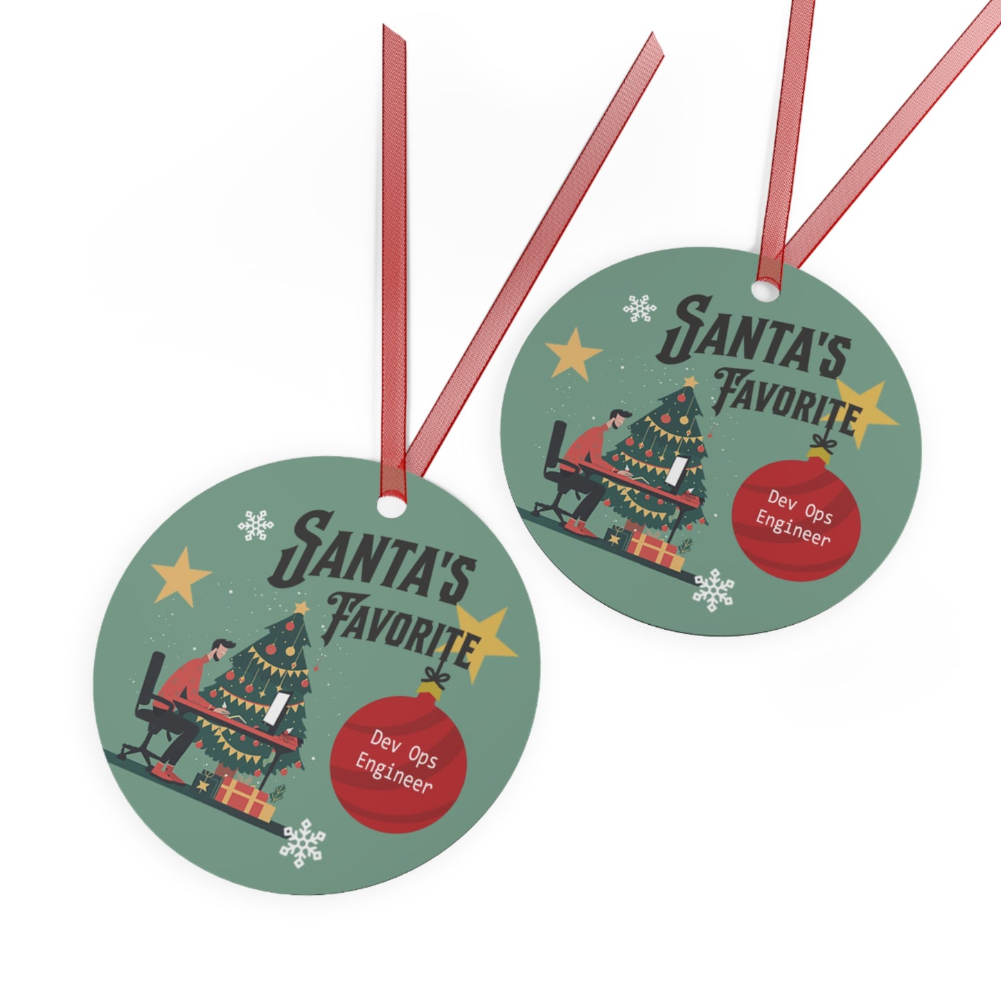 Santa's Favorite Dev Ops Engineer IT Tech Ornament Christmas Holiday 3.5" Round Metal Ornament with Ribbon