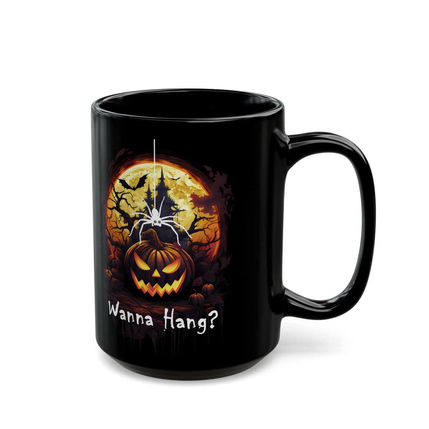 Spooky Halloween Mug - "Wanna Hang?" Spider Black Coffee Cup for Fall Celebrations, Gift, Party Decor, Halloween Lovers