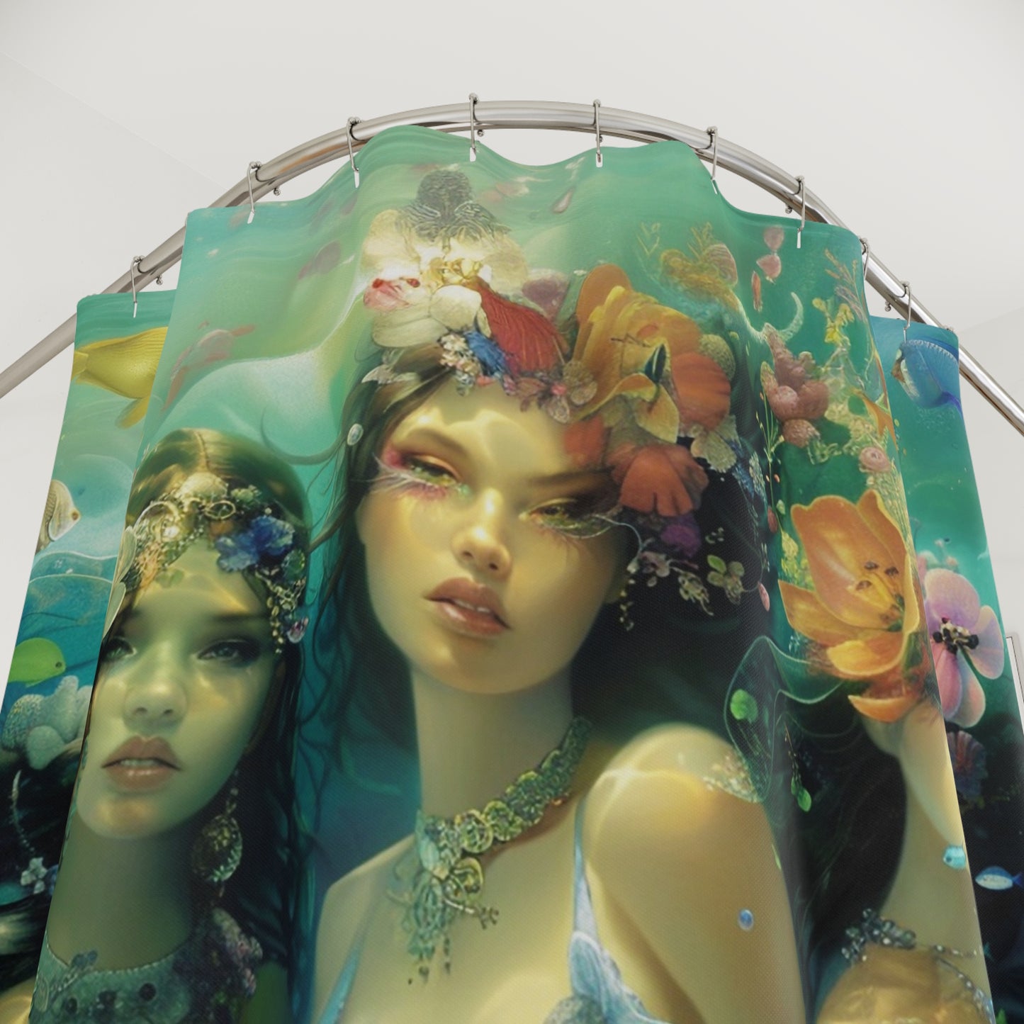 Mystical Mermaid Shower Curtain, Bohemian Home Decor, Bathroom Art, Ocean Theme, Nature Vibes, Gift for Water Lovers, Floral Design