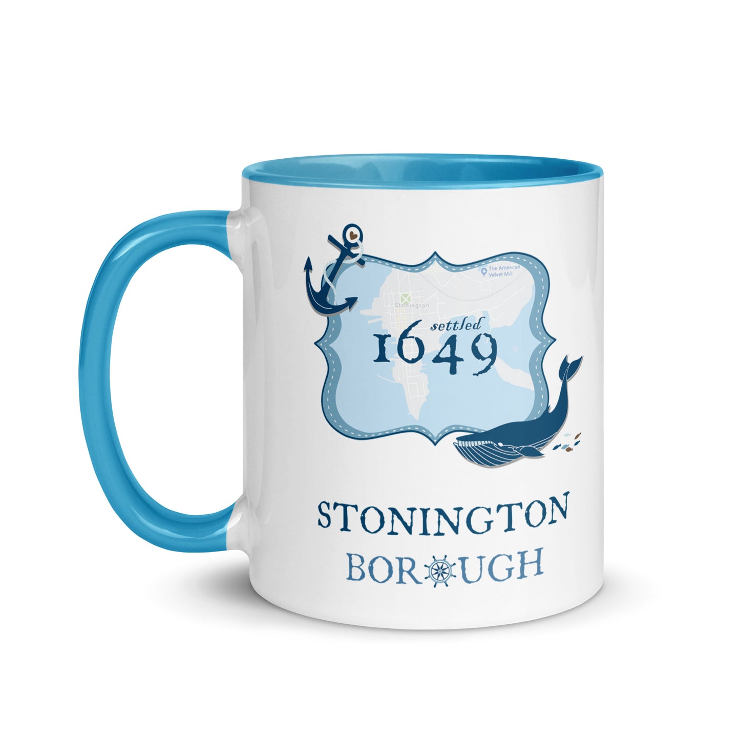 Stonington Borough CT 1649 Anchor and Whale 11 oz. Mug with Blue Color Inside