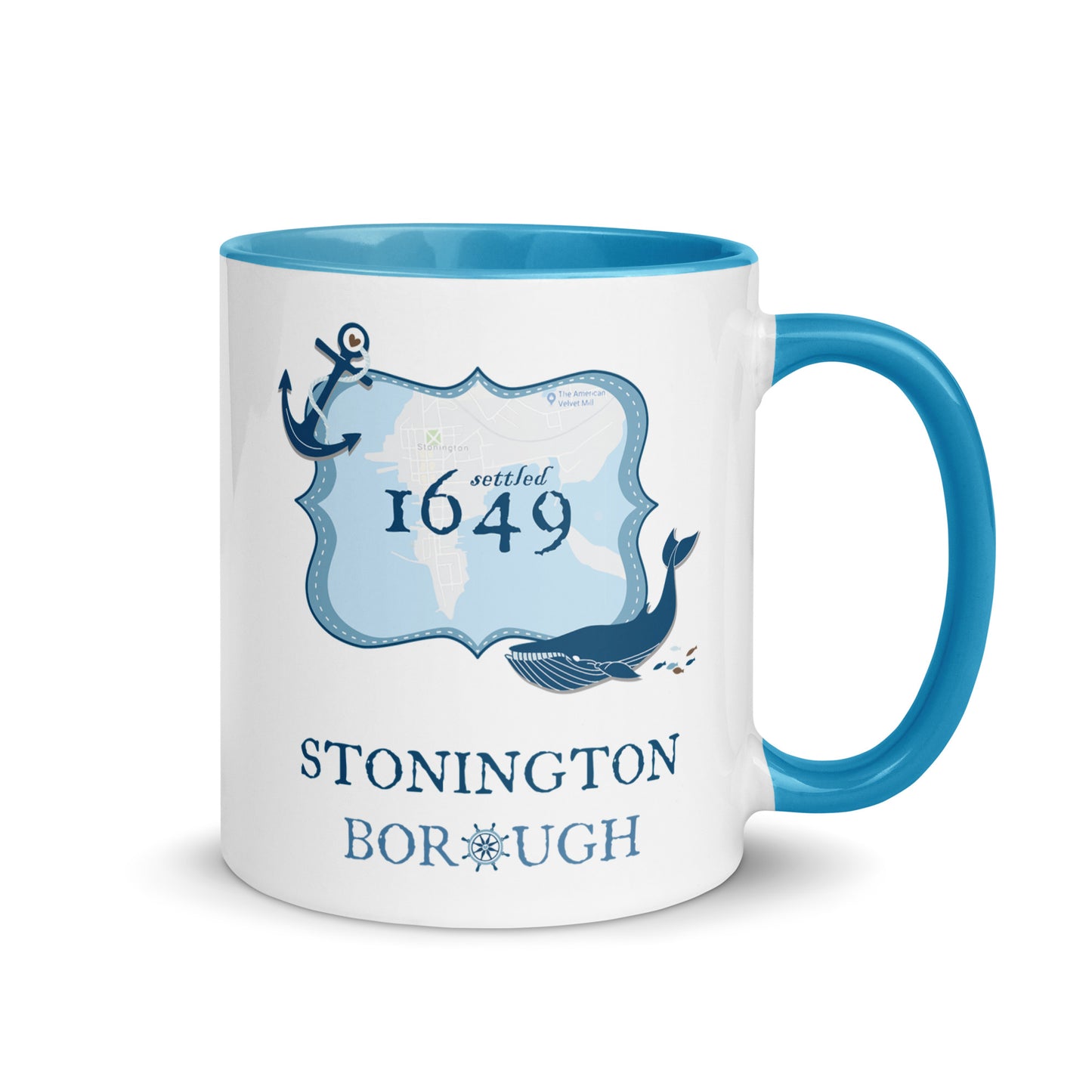 Stonington Borough CT 1649 Anchor and Whale 11 oz. Mug with Blue Color Inside