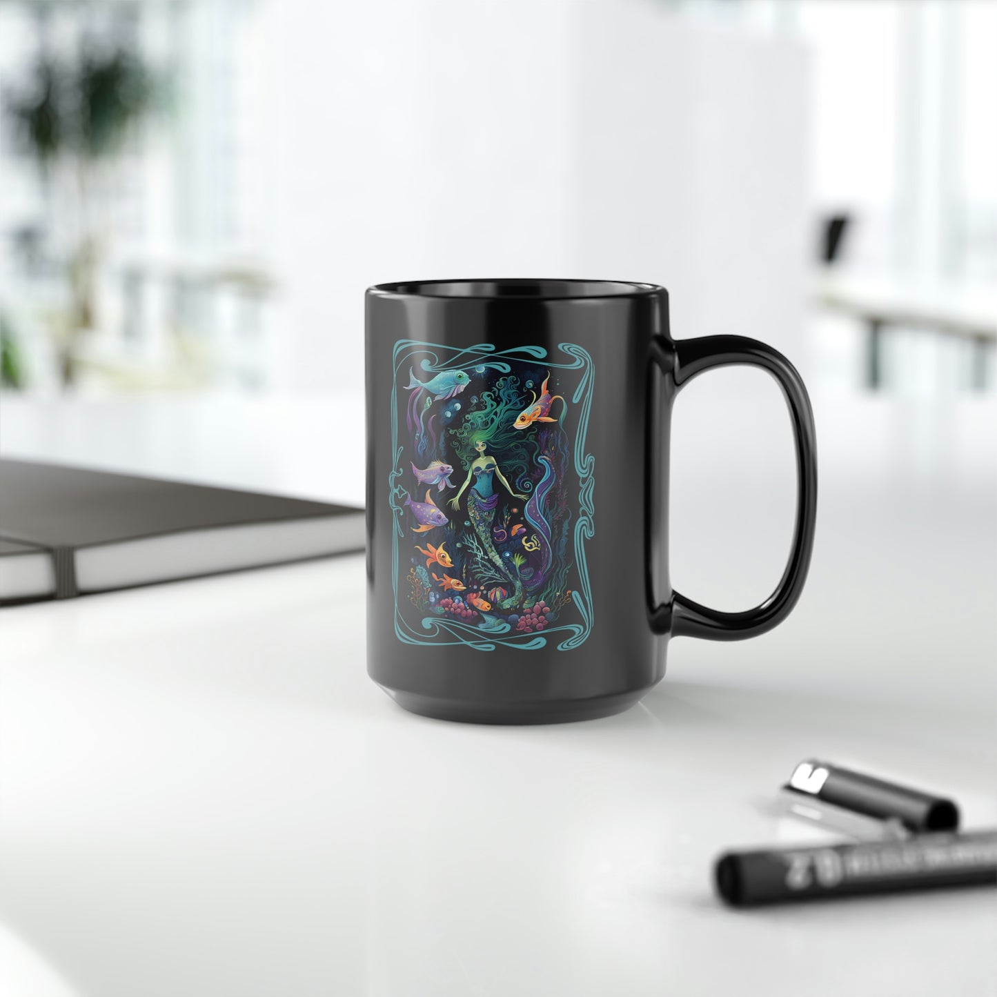 Mermaid Garden Mermaidcore Fairycore Underwater Ocean - Black Coffee or Tea Mug, 15oz