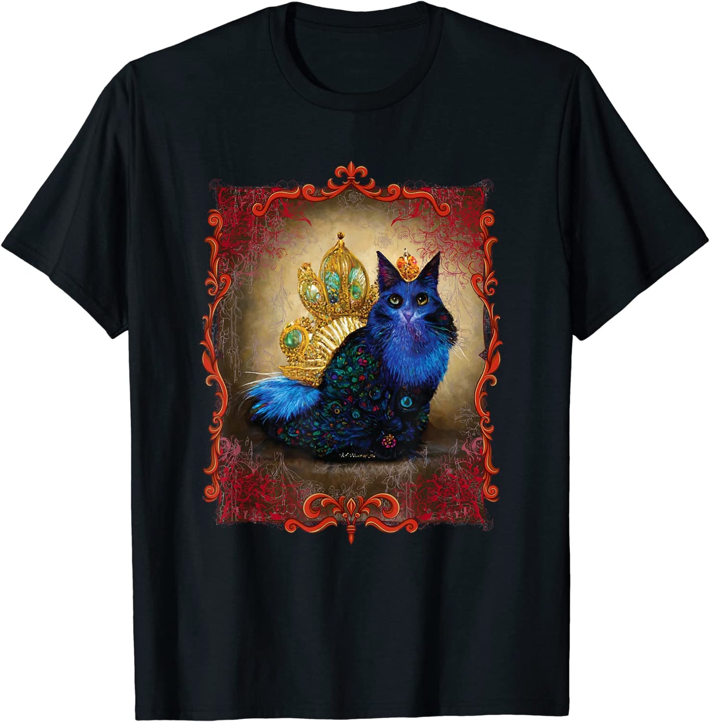 Cat King Royalty Wearing Peacock Feathers Blue and Red Costume T-Shirt