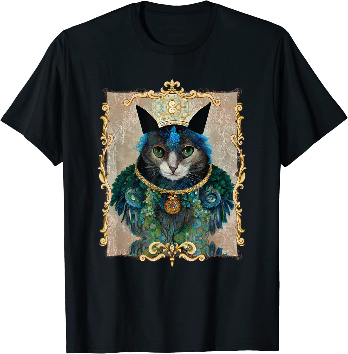 Renaissance Cat with Crown Royalty Peacock Feathers Portrait T-Shirt