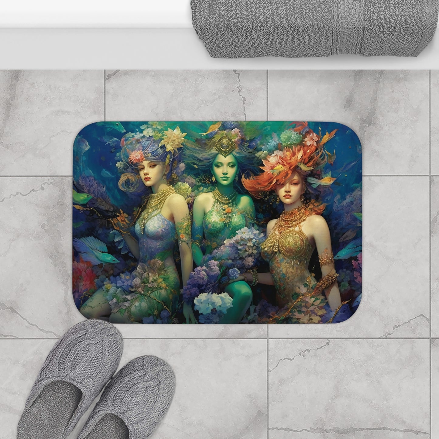 3 Dreamy Water Goddesses Design on a 24x16" Bathroom Bath or Bedside Mat