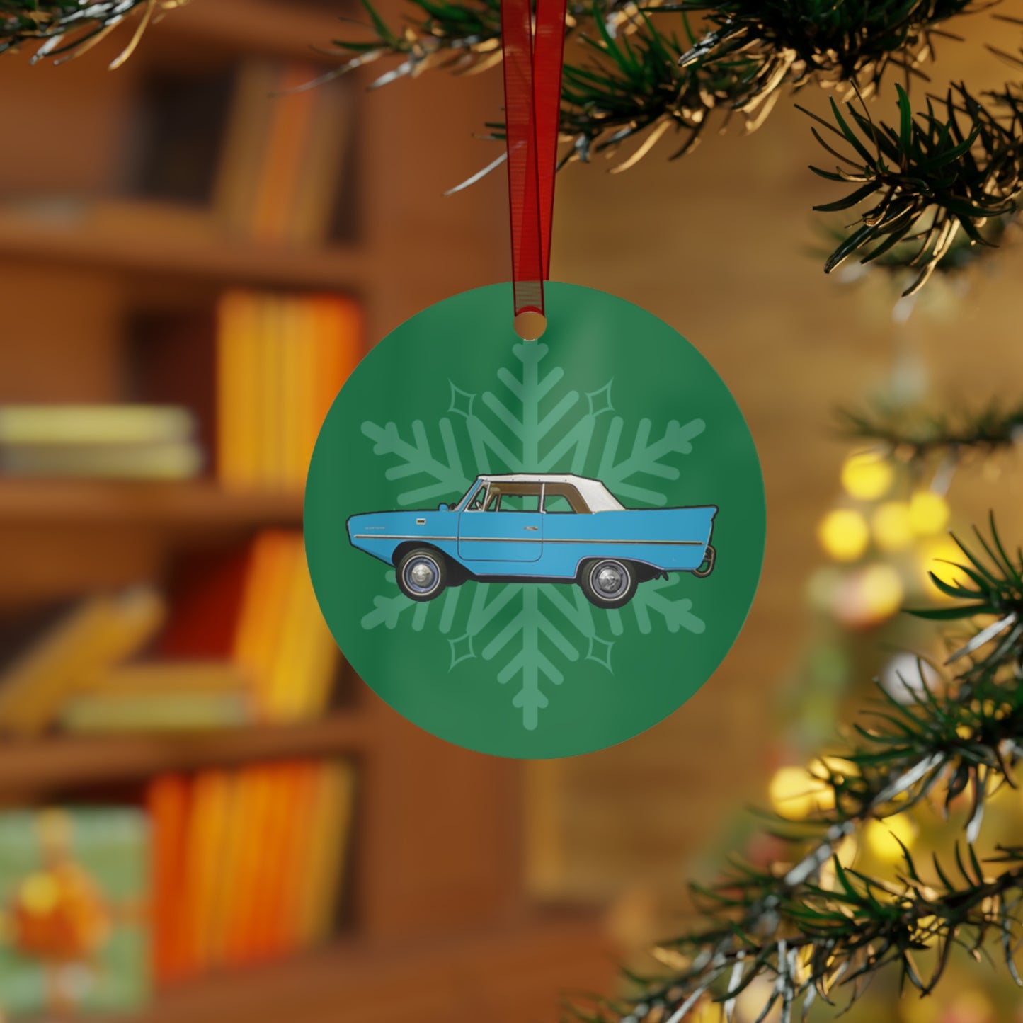 Lagoon Blue  Amphicar 770 Christmas Holiday 3.5" Round Metal Ornament with Red Ribbon