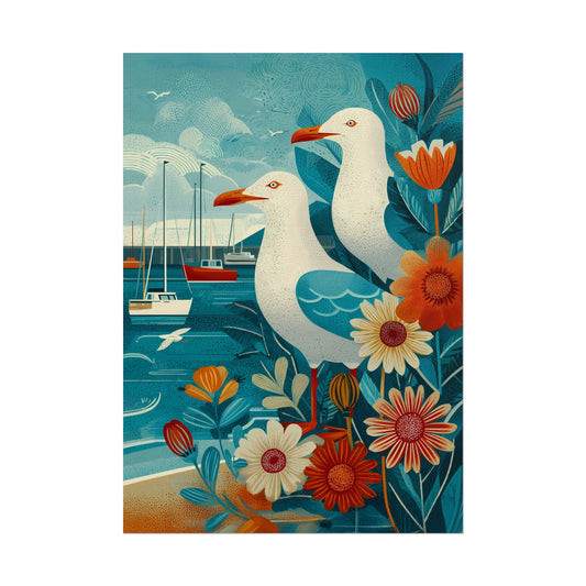 Coastal Seagull Art Print - Rolled Poster, Nautical Room Decor, Beach House Wall Art, Gift for Bird Lovers, Vintage Inspired Illustration