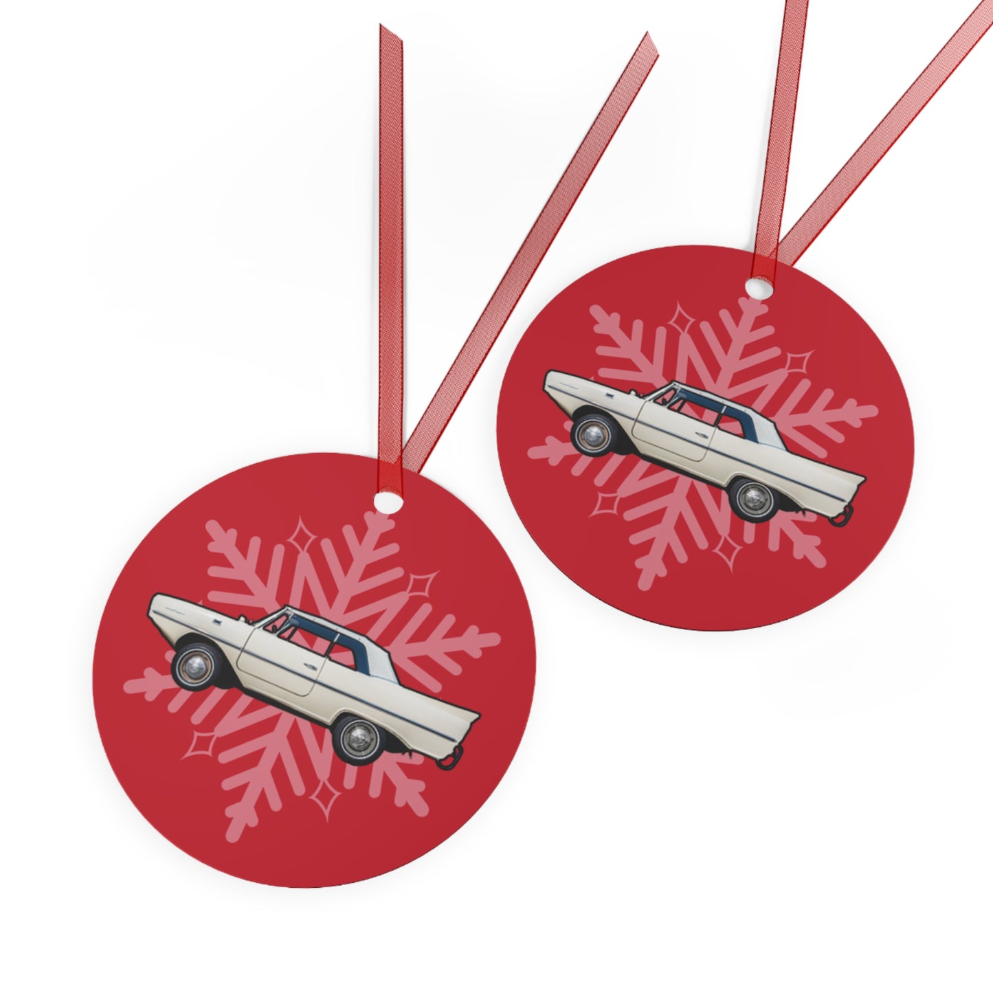 Strand White Amphicar 770 Red Background Christmas Holiday 3.5" Round Metal Ornament with Red Ribbon