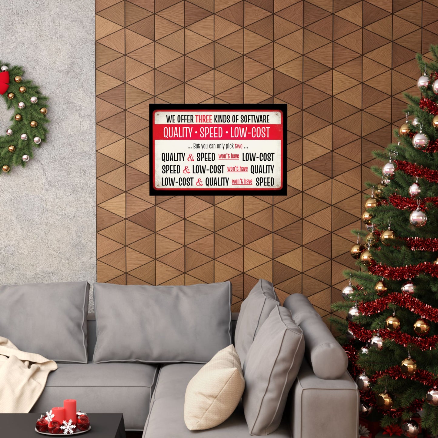 Poster, Software Development Iron Triangle  | Quality, Speed, Low-Cost Funny Wall Art for Coders