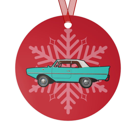 Fjord Green Amphicar 770 Red Background Christmas Holiday 3.5" Round Metal Ornament with Red Ribbon