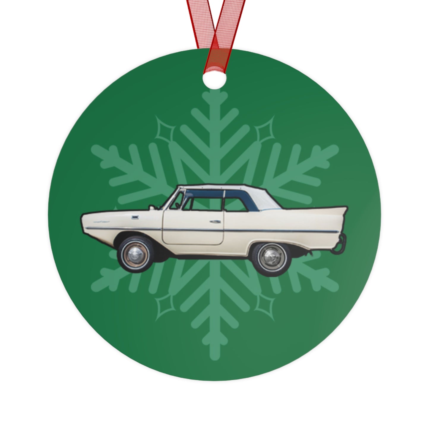 Strand White Amphicar 770 Christmas Holiday 3.5" Round Metal Ornament with Red Ribbon