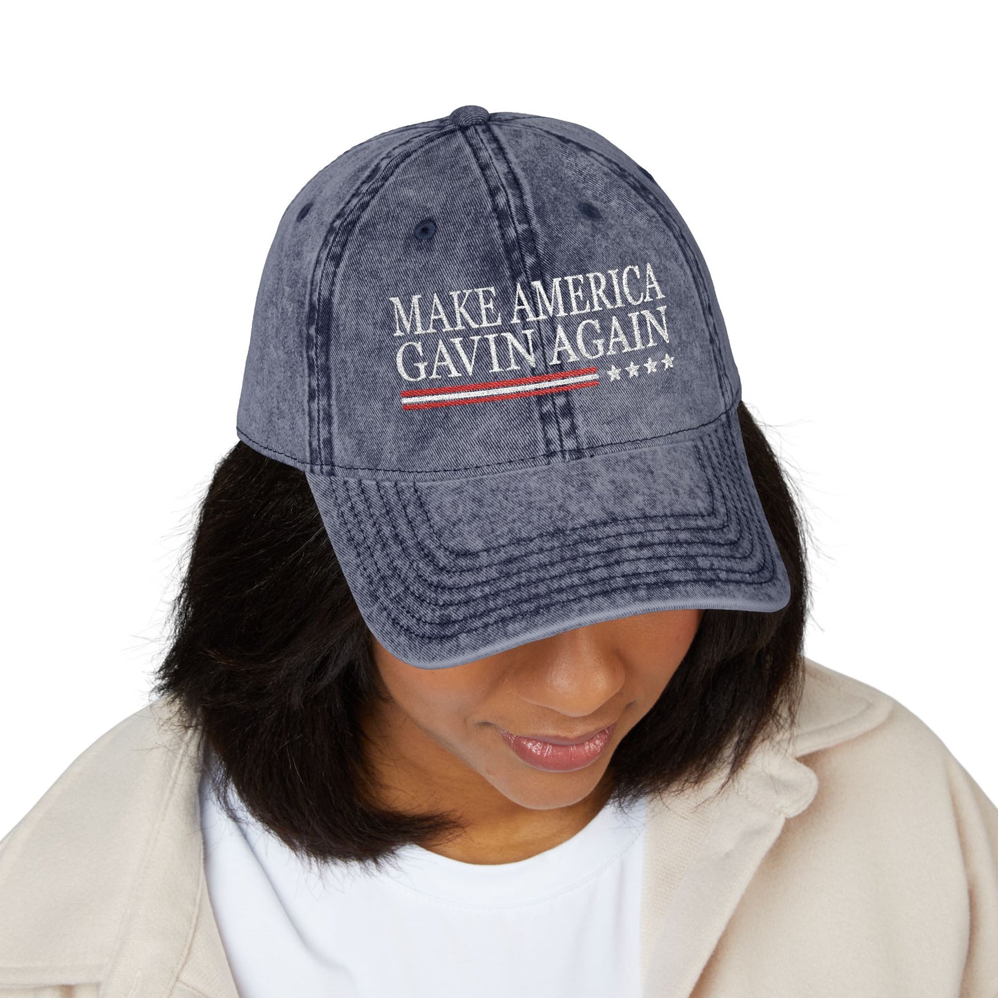 Make America Gavin Again, Vintage Embroidered Denim Cap for Supporters, Democracy Political Merchandise, Soft Adjustable Baseball Dad Hat