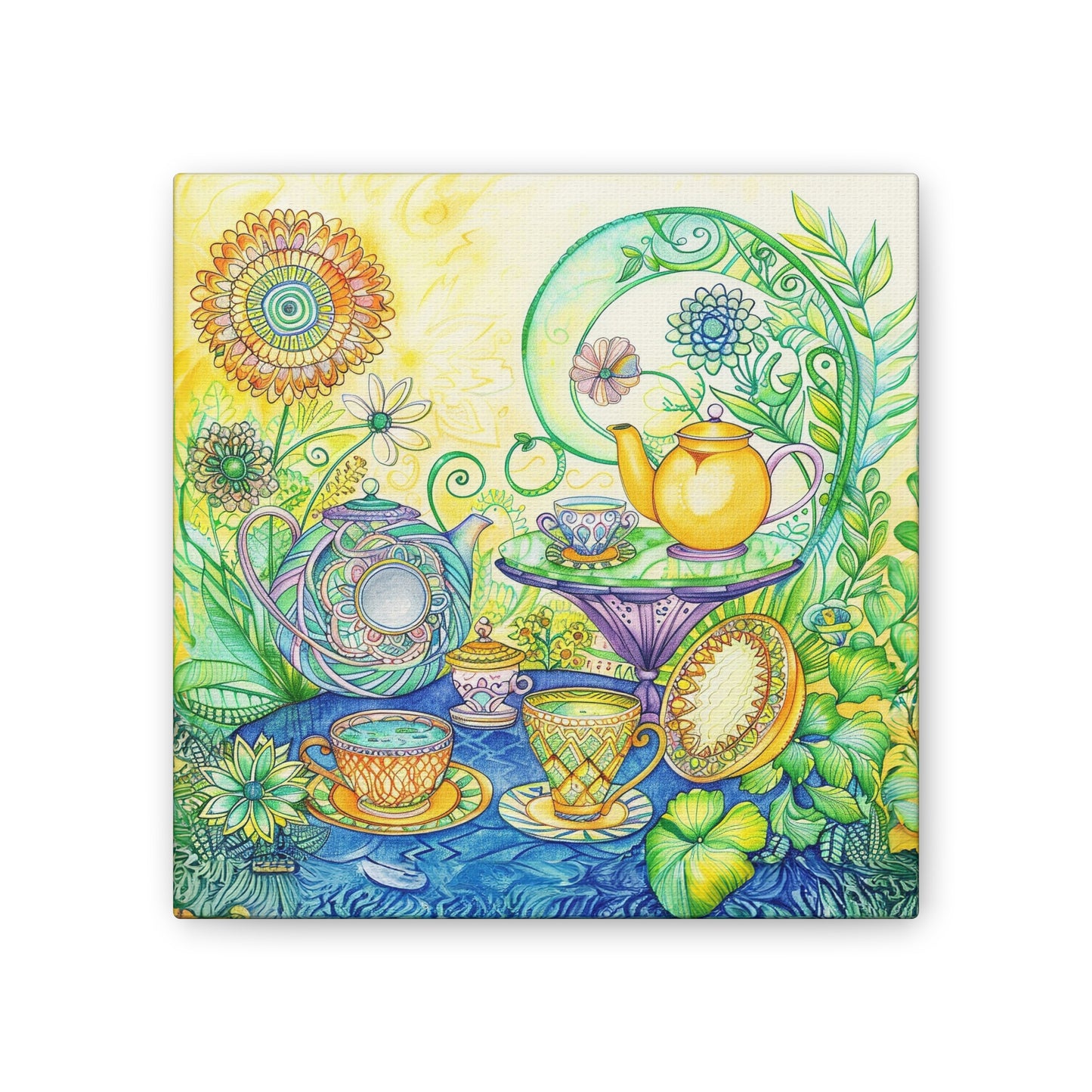 Colorful Garden Tea Party Zentangle Canvas Stretched Wall art with a 0.75" Height Frame