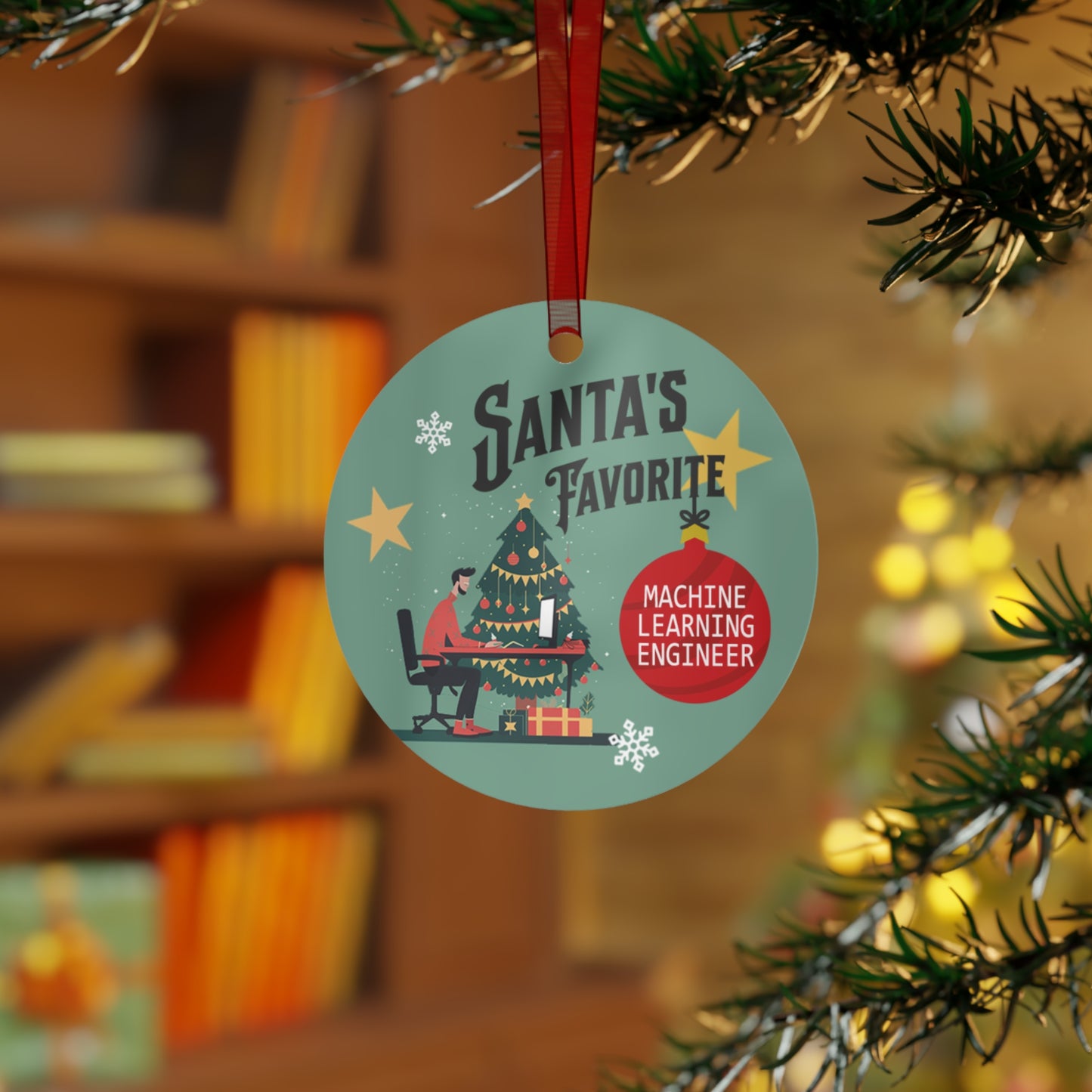 Santa's Favorite Machine Learning Engineer Christmas Holiday 3.5" Round Metal Ornament with Ribbon