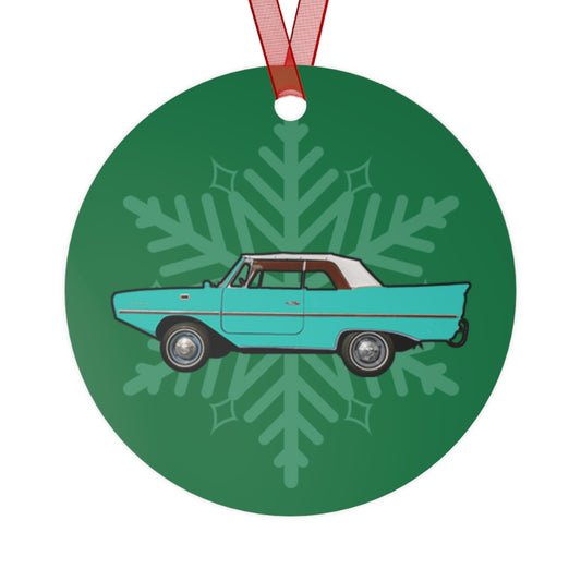 Fjord Green Amphicar 770 Christmas Holiday 3.5" Round Metal Ornament with Red Ribbon