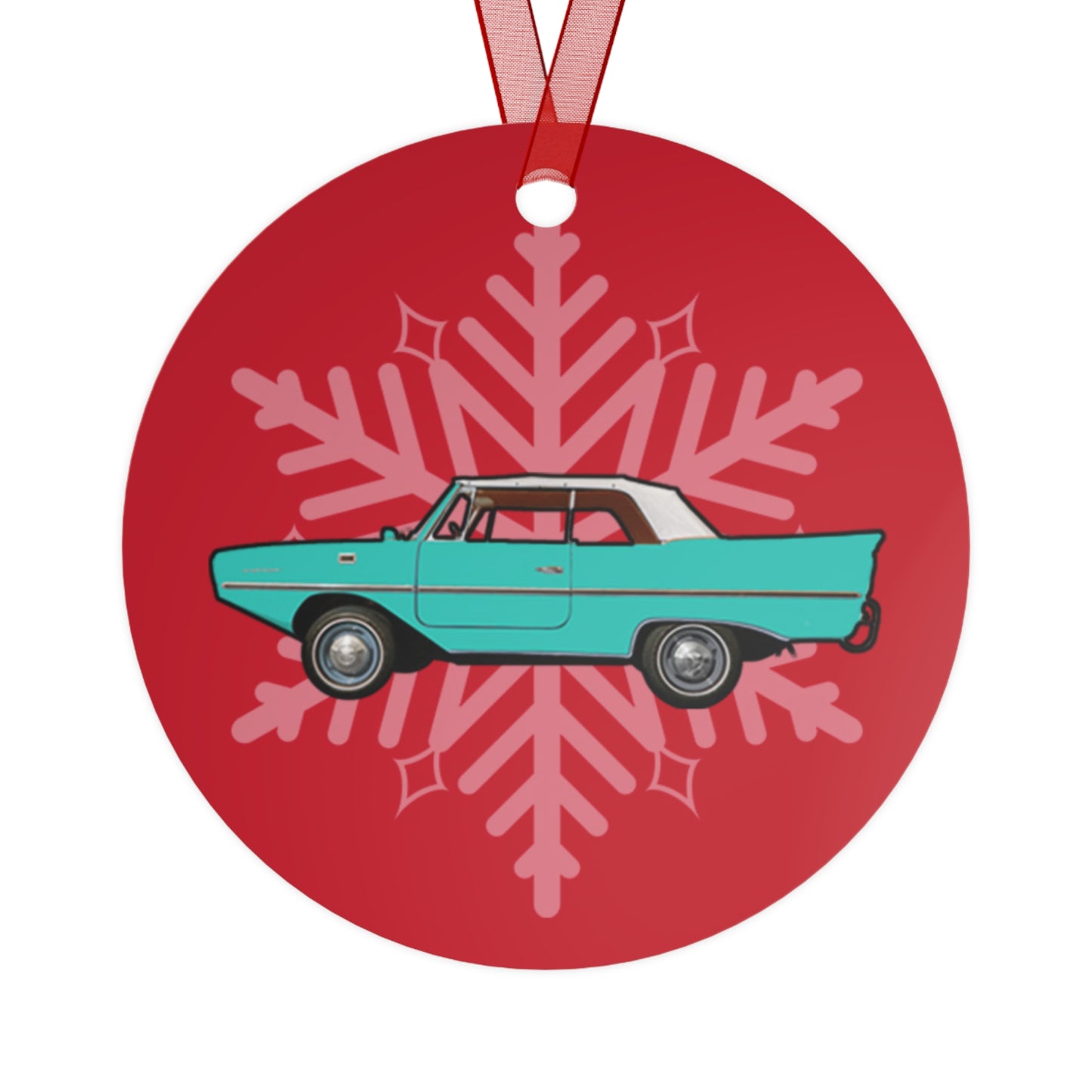 Fjord Green Amphicar 770 Red Background Christmas Holiday 3.5" Round Metal Ornament with Red Ribbon