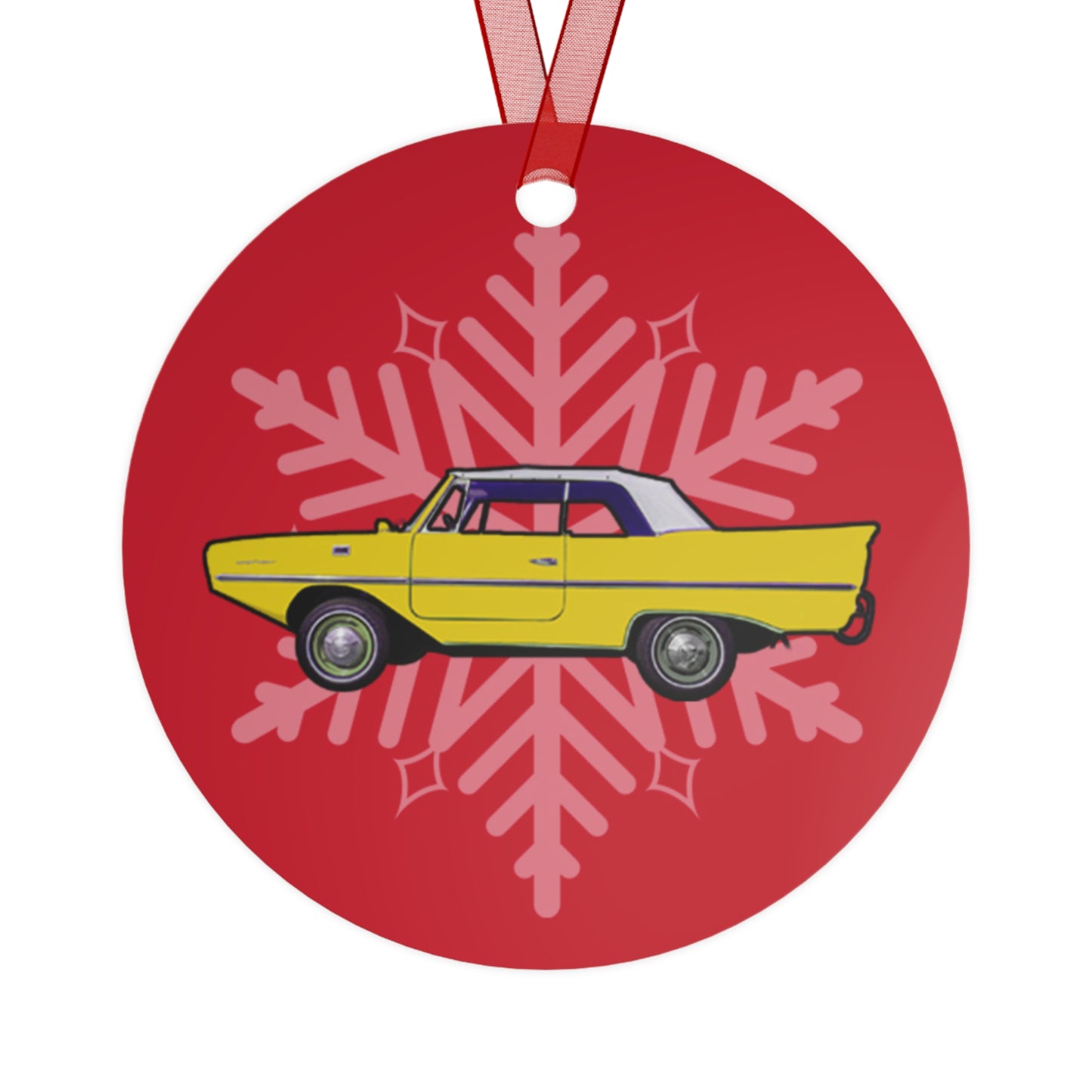 Yellow Amphicar 770 Red Background Christmas Holiday 3.5" Round Metal Ornament with Red Ribbon