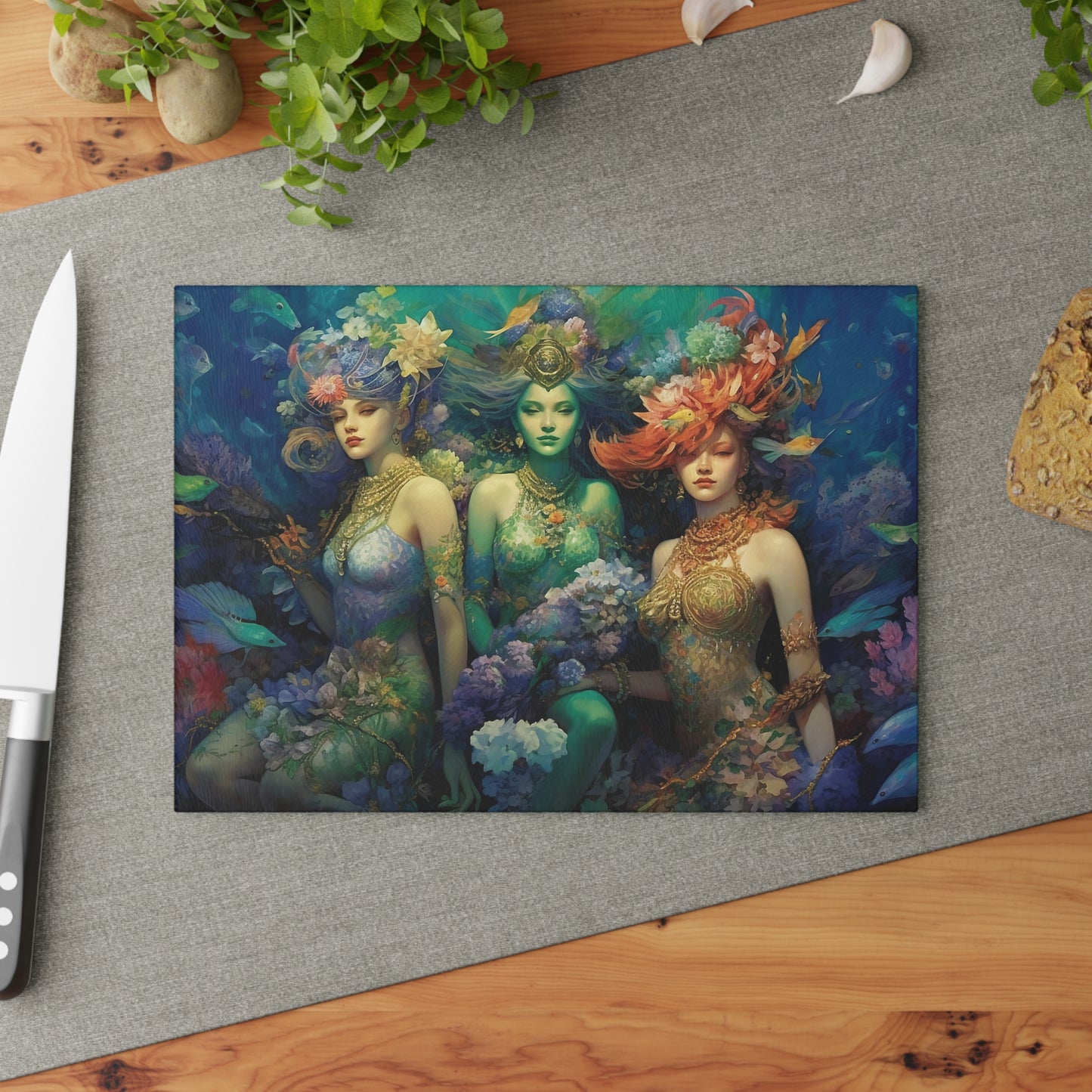 3 Dreamy Water Goddesses Mermaidcore, Fairycore Mermaid Glass Cutting Board (2 sizes)