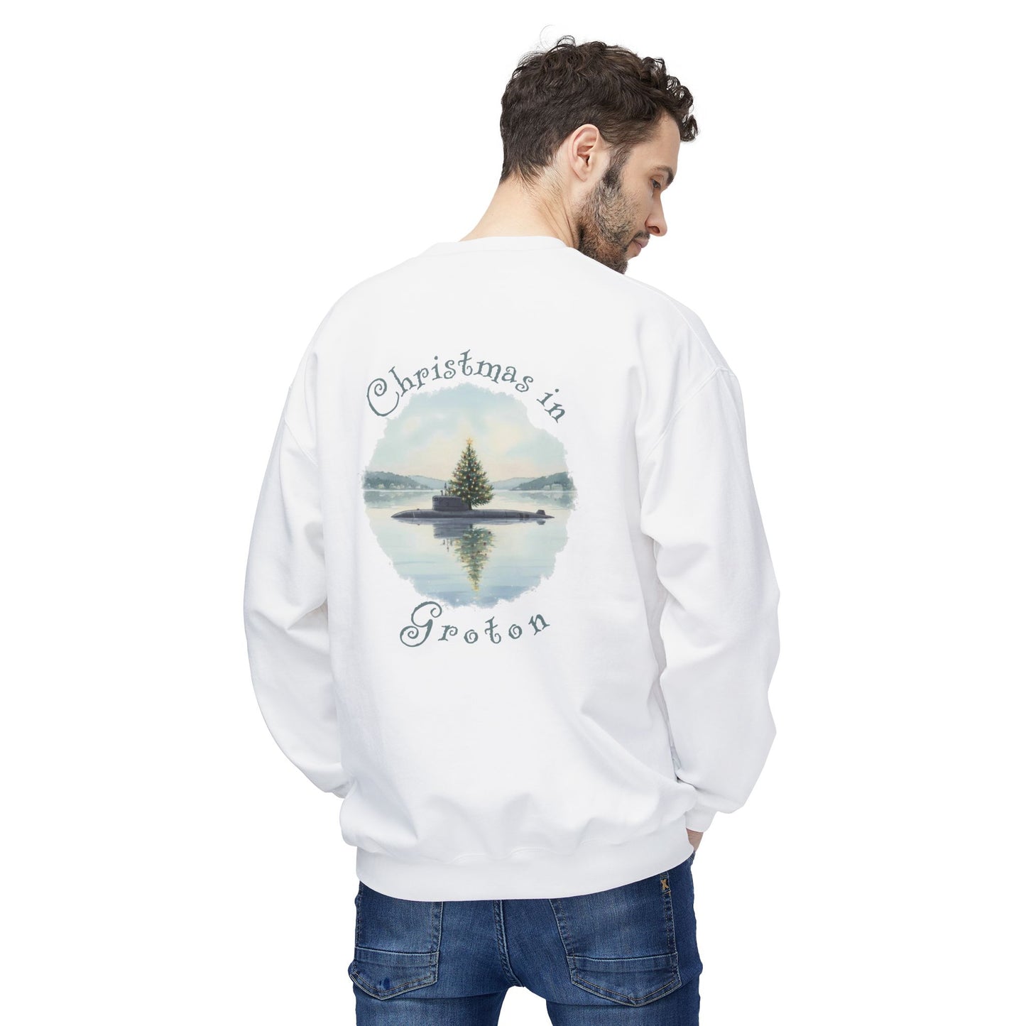 Christmas in Groton, CT Fleece Crewneck Sweatshirt  - Submarine with Xmas Tree in Harbor, Local's Gift