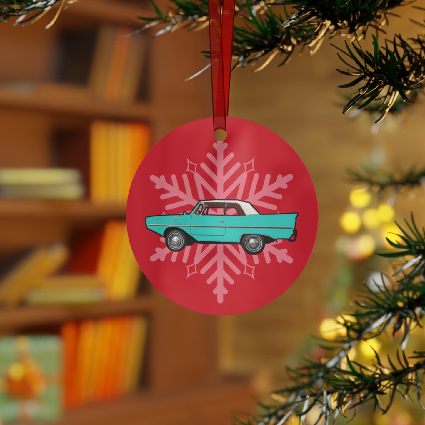 Fjord Green Amphicar 770 Red Background Christmas Holiday 3.5" Round Metal Ornament with Red Ribbon