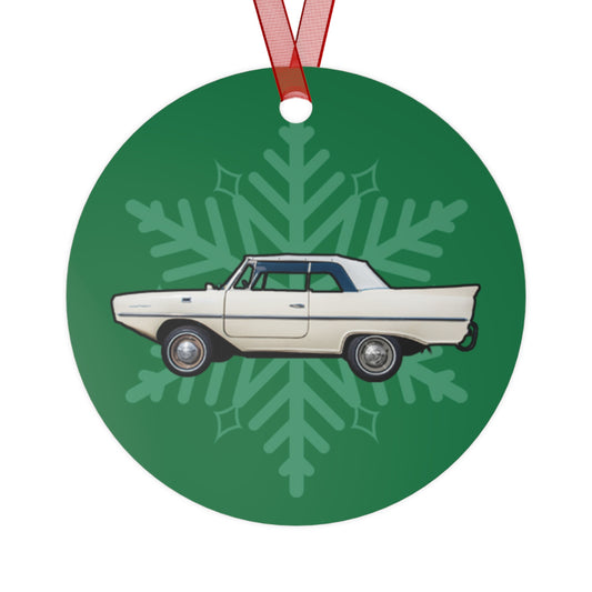 Strand White Amphicar 770 Christmas Holiday 3.5" Round Metal Ornament with Red Ribbon