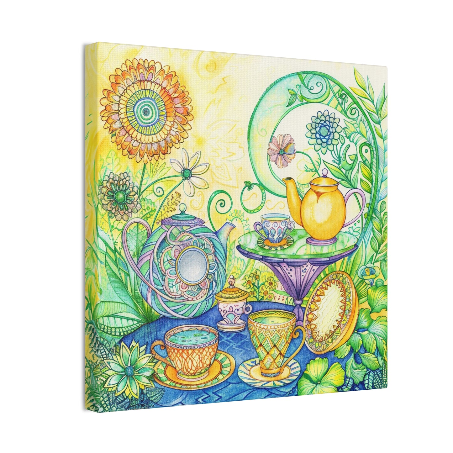 Colorful Garden Tea Party Zentangle Canvas Stretched Wall art with a 0.75" Height Frame