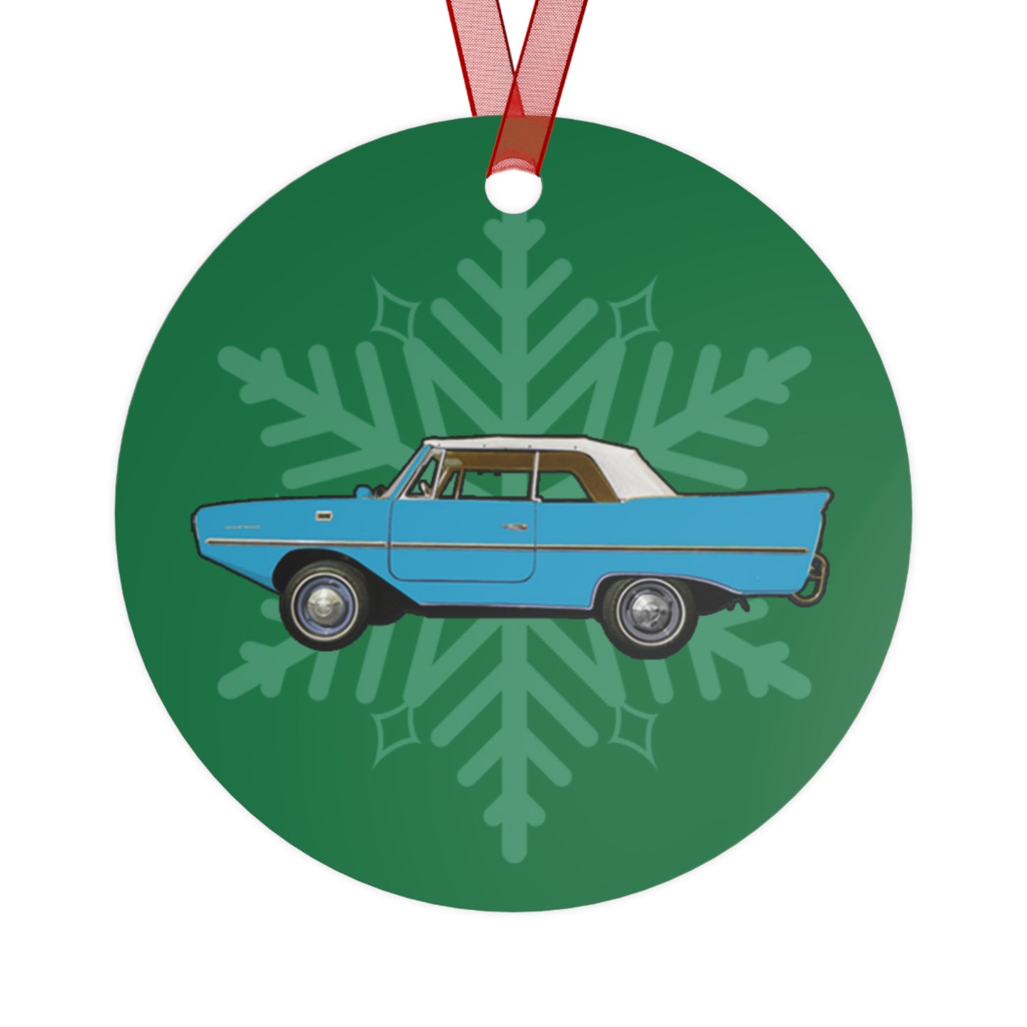 Lagoon Blue  Amphicar 770 Christmas Holiday 3.5" Round Metal Ornament with Red Ribbon