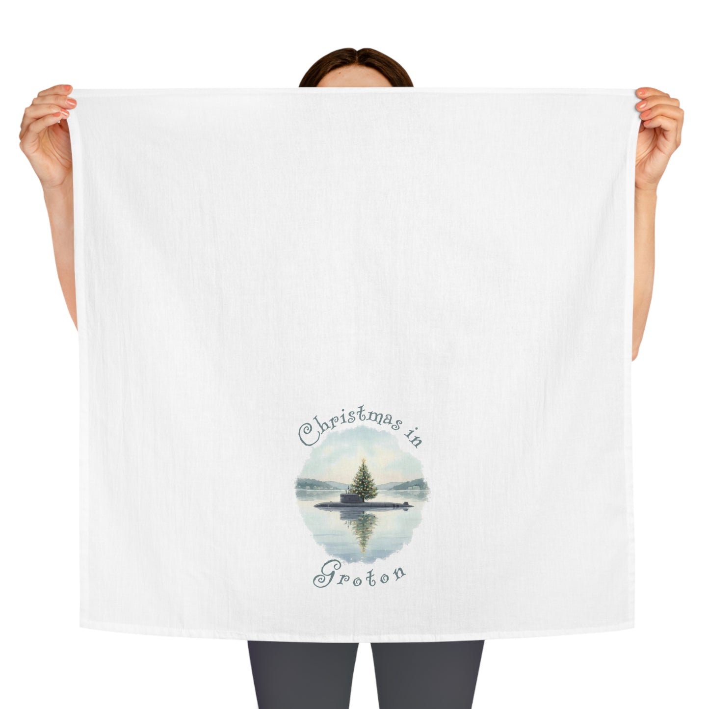 Christmas in Groton, CT Flour Sack Tea Towel  - Submarine with Xmas Tree in Harbor, Local's Gift