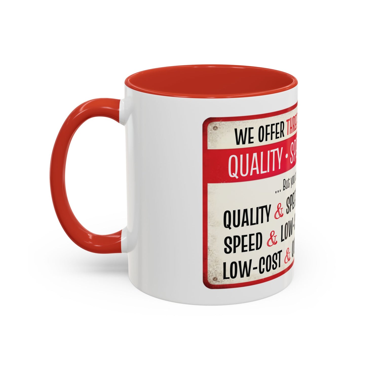Funny Software Development Iron Triangle Tradeoff Mug | Quality, Speed, Low-Cost Coffee Cup
